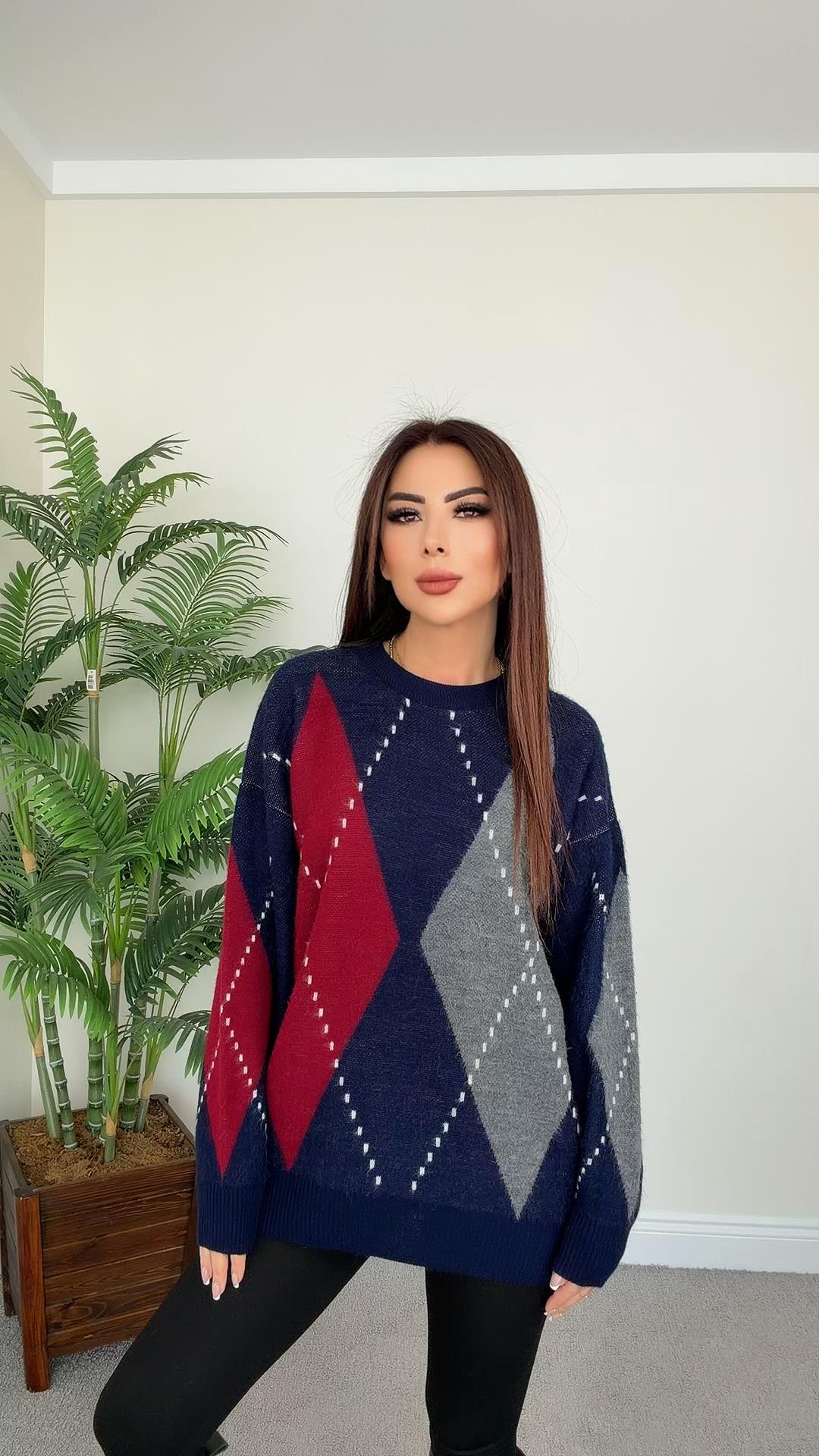 Kote Kadın Baklava Desenli Lacivert  Bordo Gri  Triko Kazak
