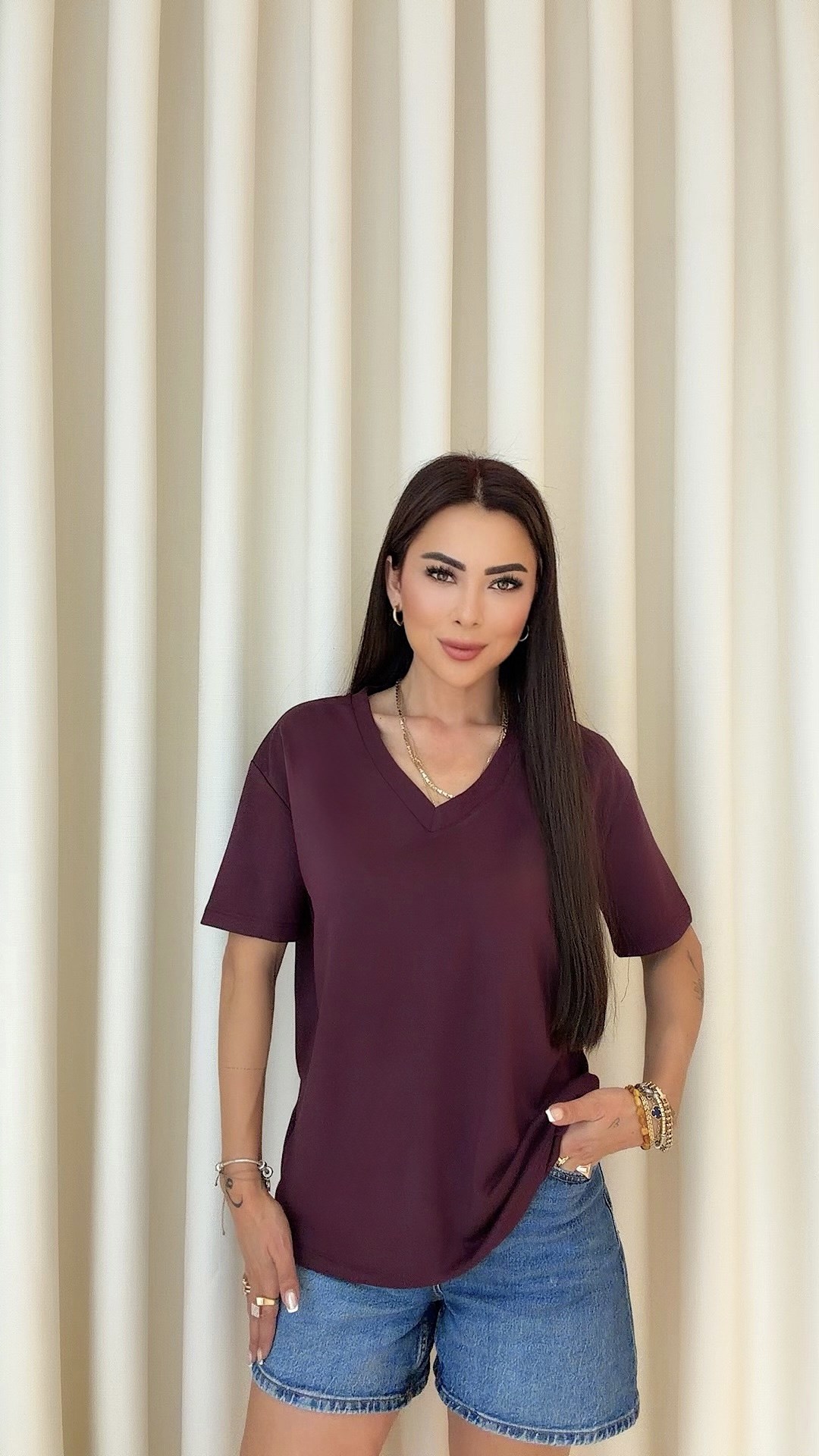 Mere Kadın V Yaka Basic Mürdüm T-shirt