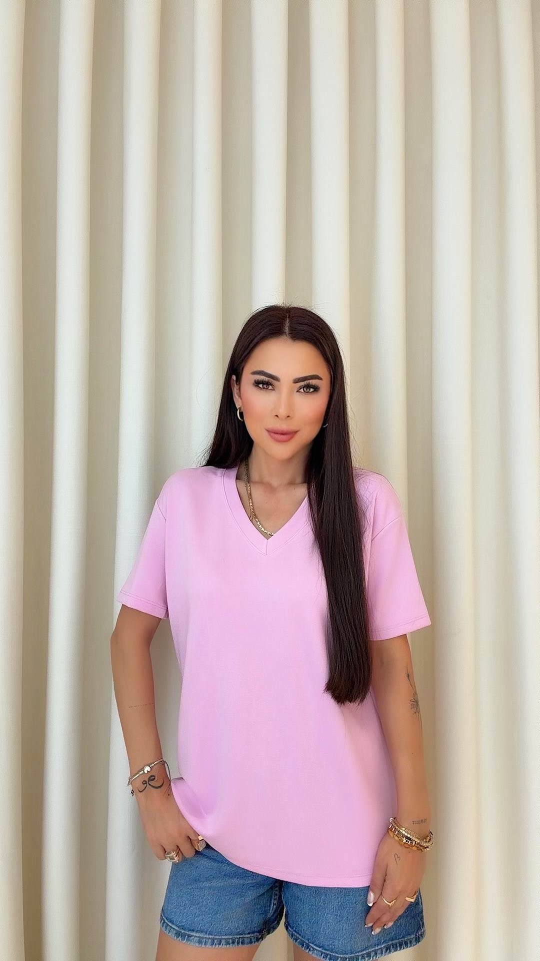 Mere Kadın V Yaka Basic Pembe T-shirt