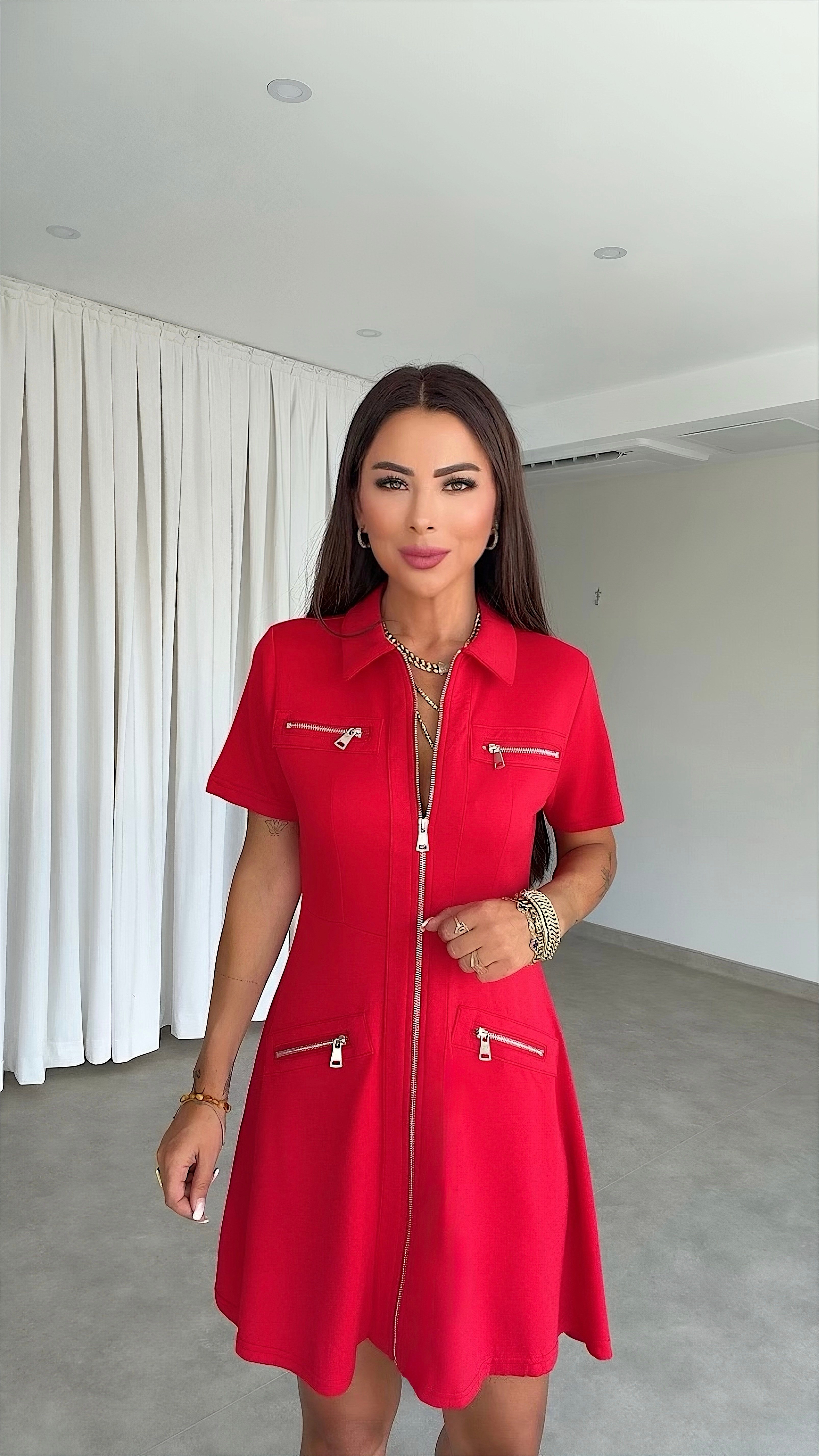 Narie Kadın Fermauar Detaylı Kırmızı Elbise