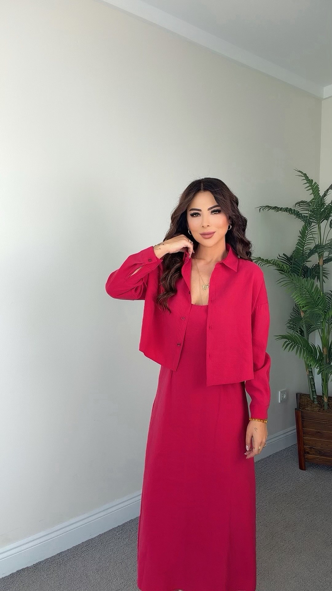 Qena Kadın Gömlekli İp Askılı Pembe Elbise Takım