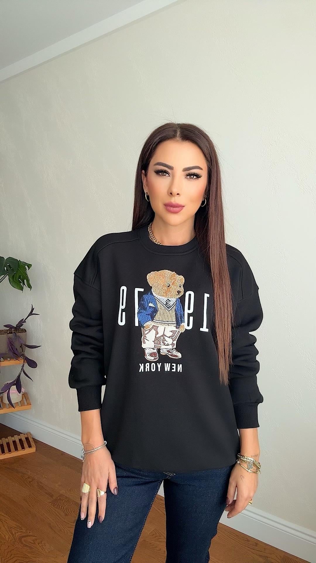 Rare Kadın Ayıcık İşlemeli Oversize Siyah Sweat