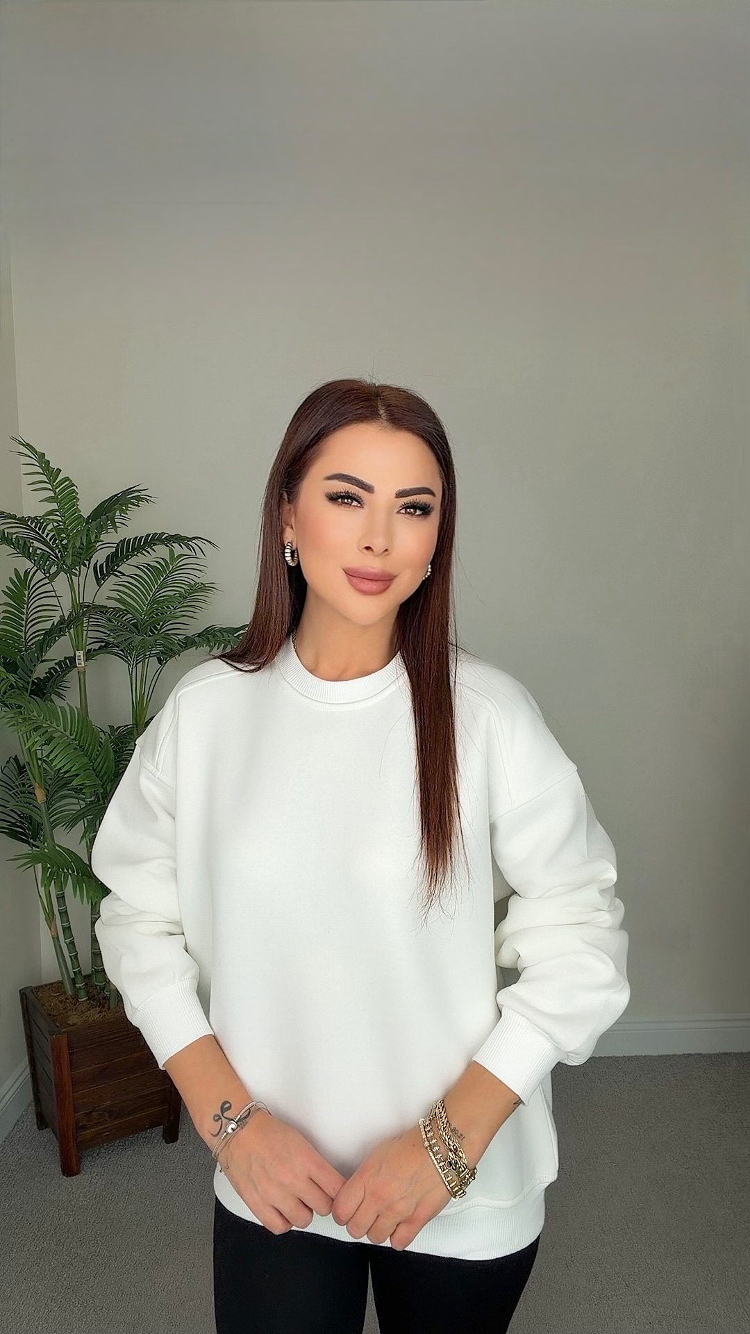 Saha Kadın Basic Oversize Beyaz Sweat