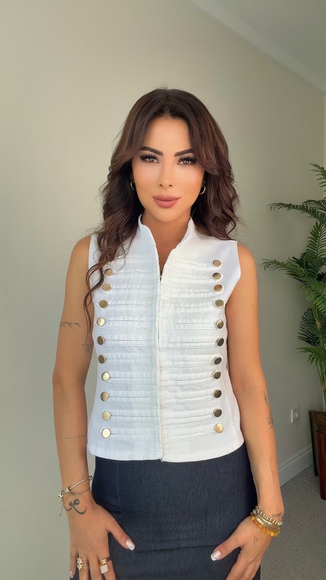 Tatian Gold Detaylı Beyaz Jean Yelek