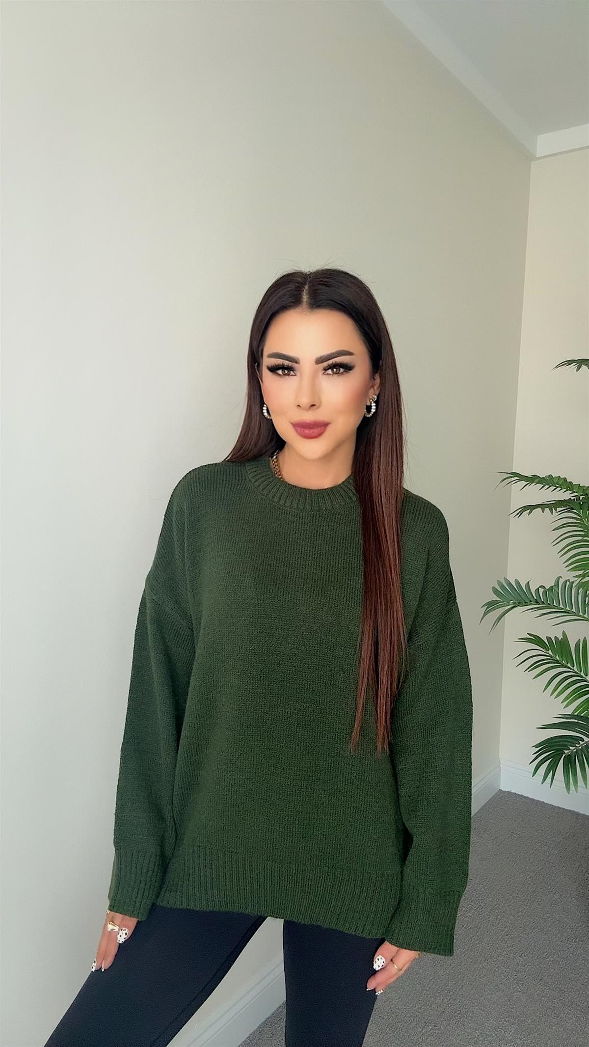 Ales Kadın Oversize Koyu Yeşil Kazak