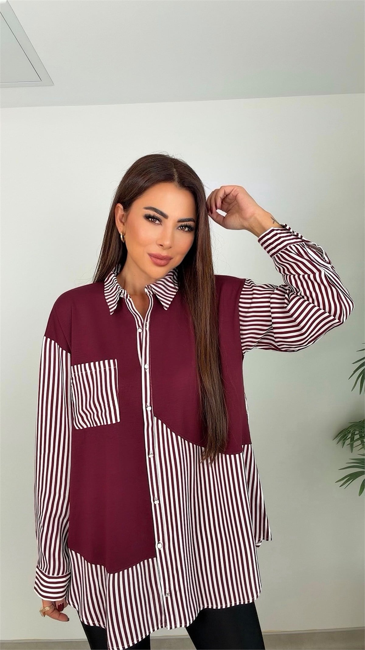 Alyaxi Şerit Çizgi Detaylı Kadın Bordo Gömlek Bluz
