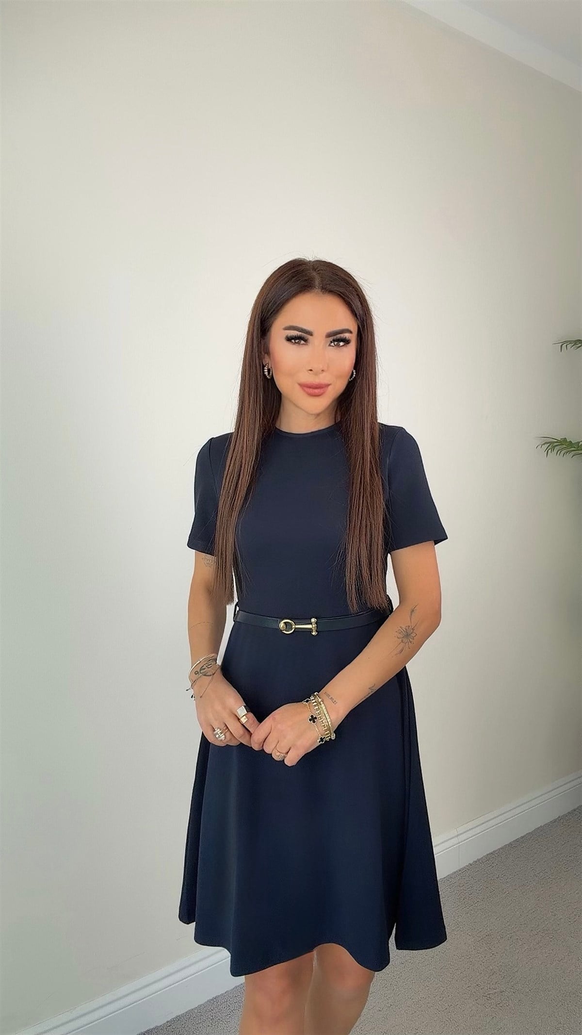 Bera Kadın Kemerli Basic Lacivert Elbise