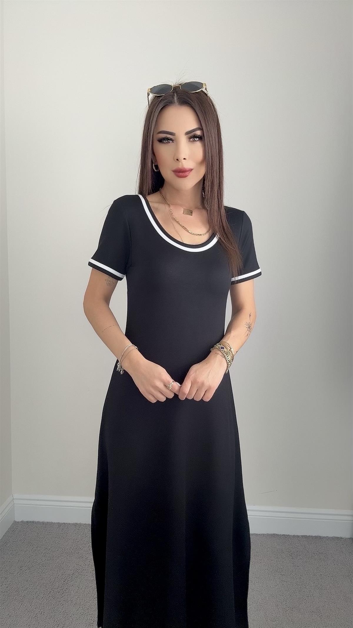 Elid Kadın U Yaka Ribana Geçişli Lacivert Elbise. 