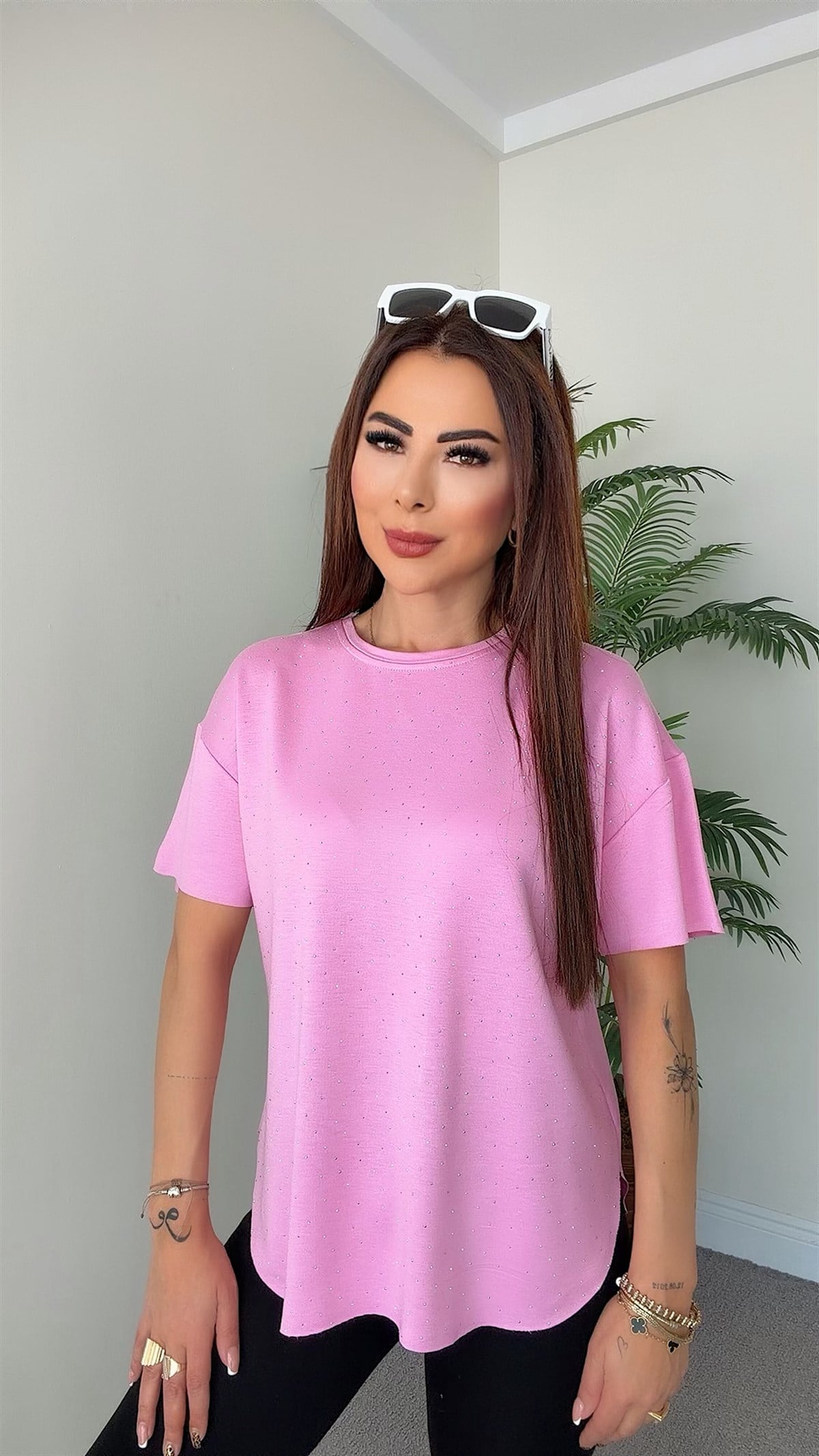 Hennie Kadın Taşlı Pembe Basic T-shirt