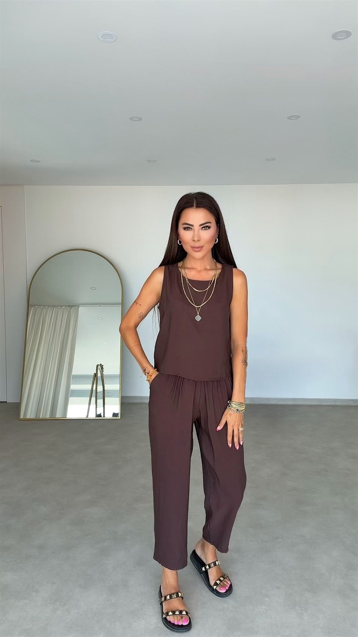 Jasye Kadın Sıfır Kol Kahverengi İkili Takım