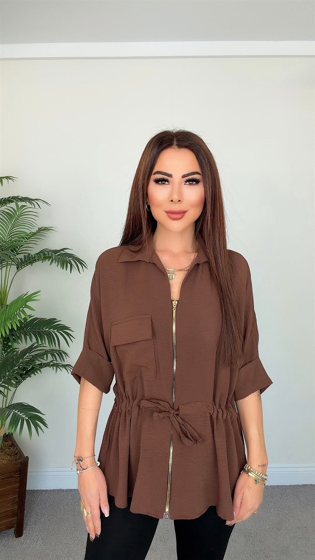 Kuvars Kadın Cep Detaylı Kahverengi Ceket Bluz