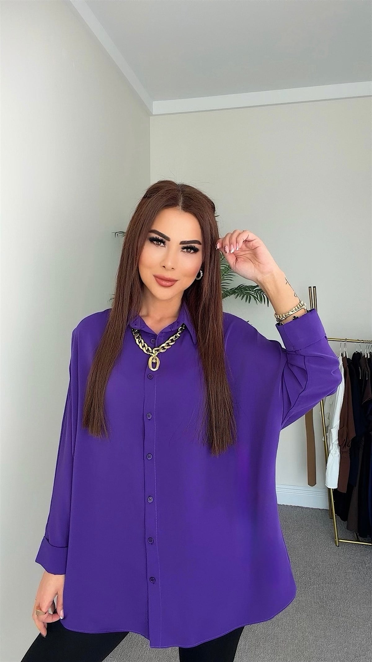 Manse Kadın Dökümlü Oversize Mor Gömlek
