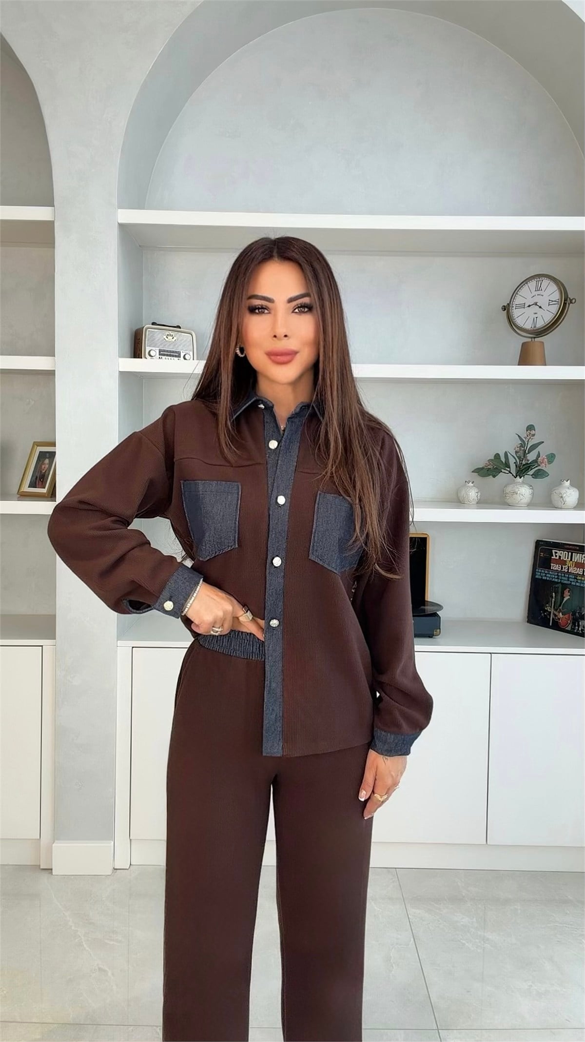 Mole Kadın Jean Cep Detaylı Fitilli Kahverengi Takım