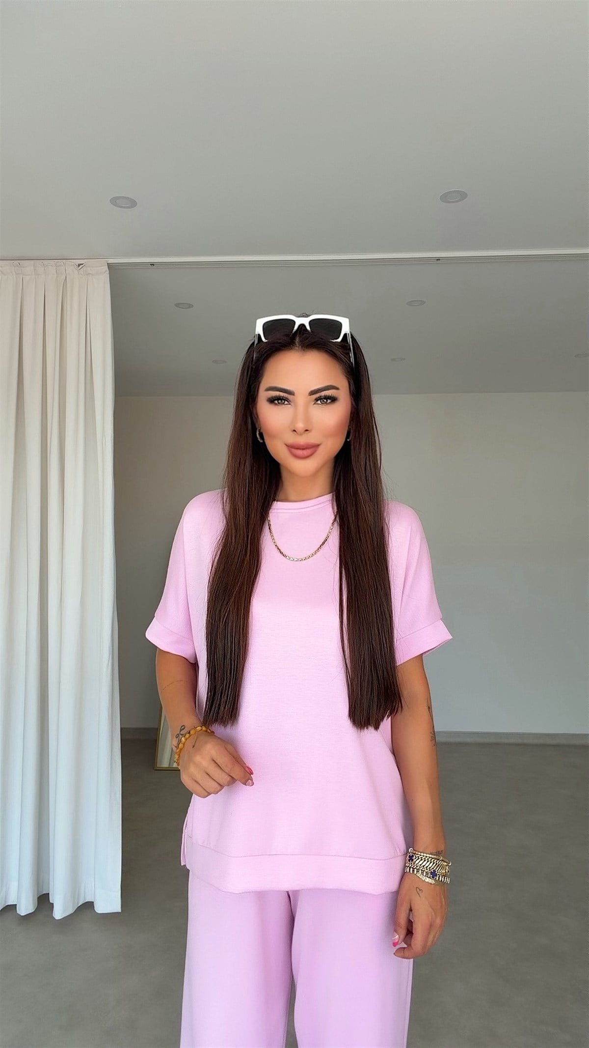 Sonin Kadın Yırtmaç Detaylı Pembe Takım