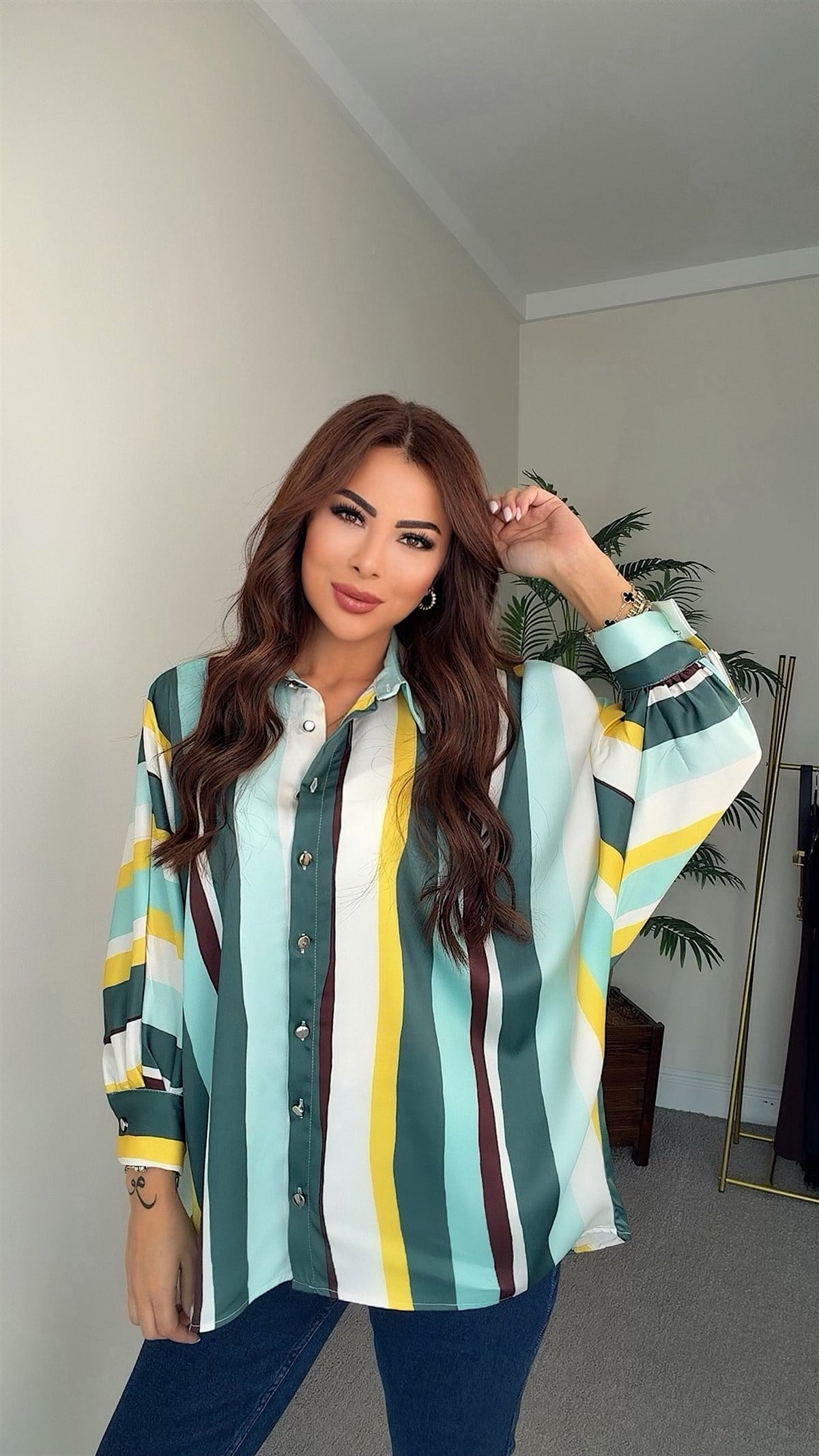 Zuan Kadın Yeşil Mavi Çizgili Oversize Gömlek