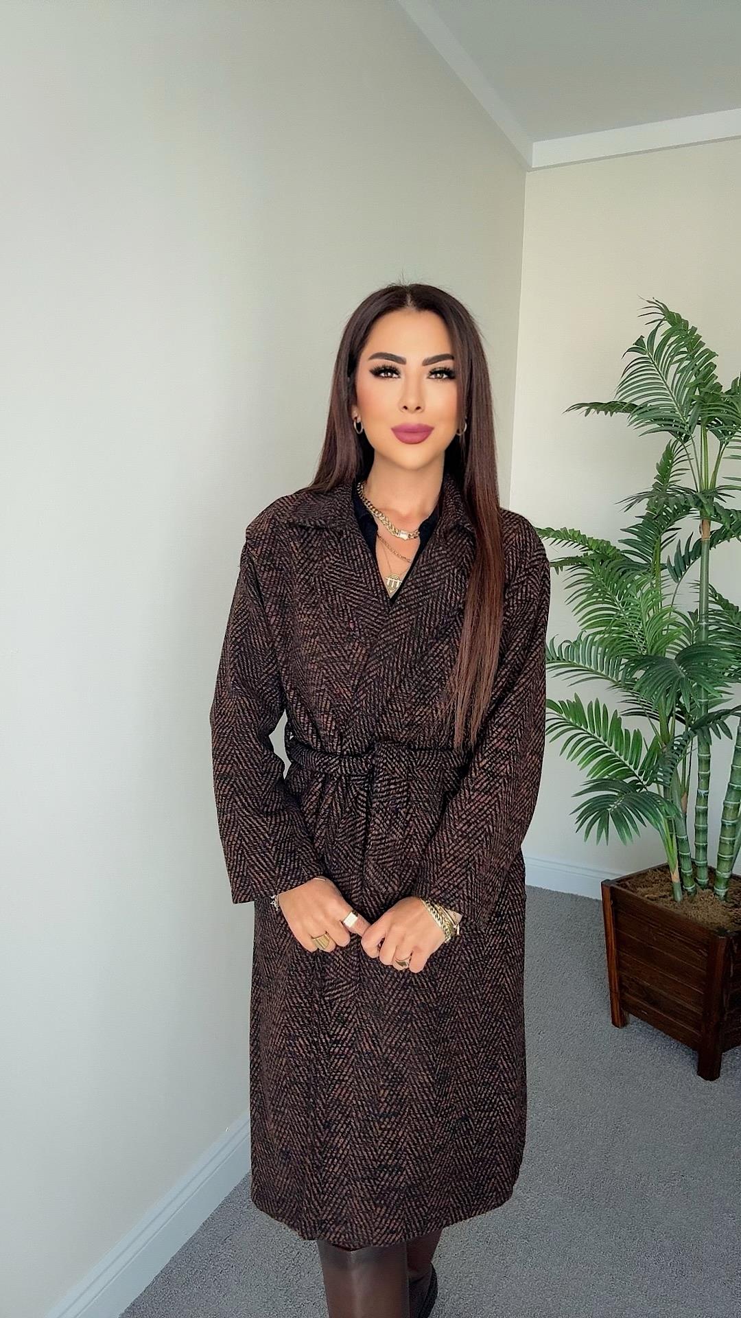 Akel Kadın Kruvaze Balıksırtı Desenli Kahverengi Kaban