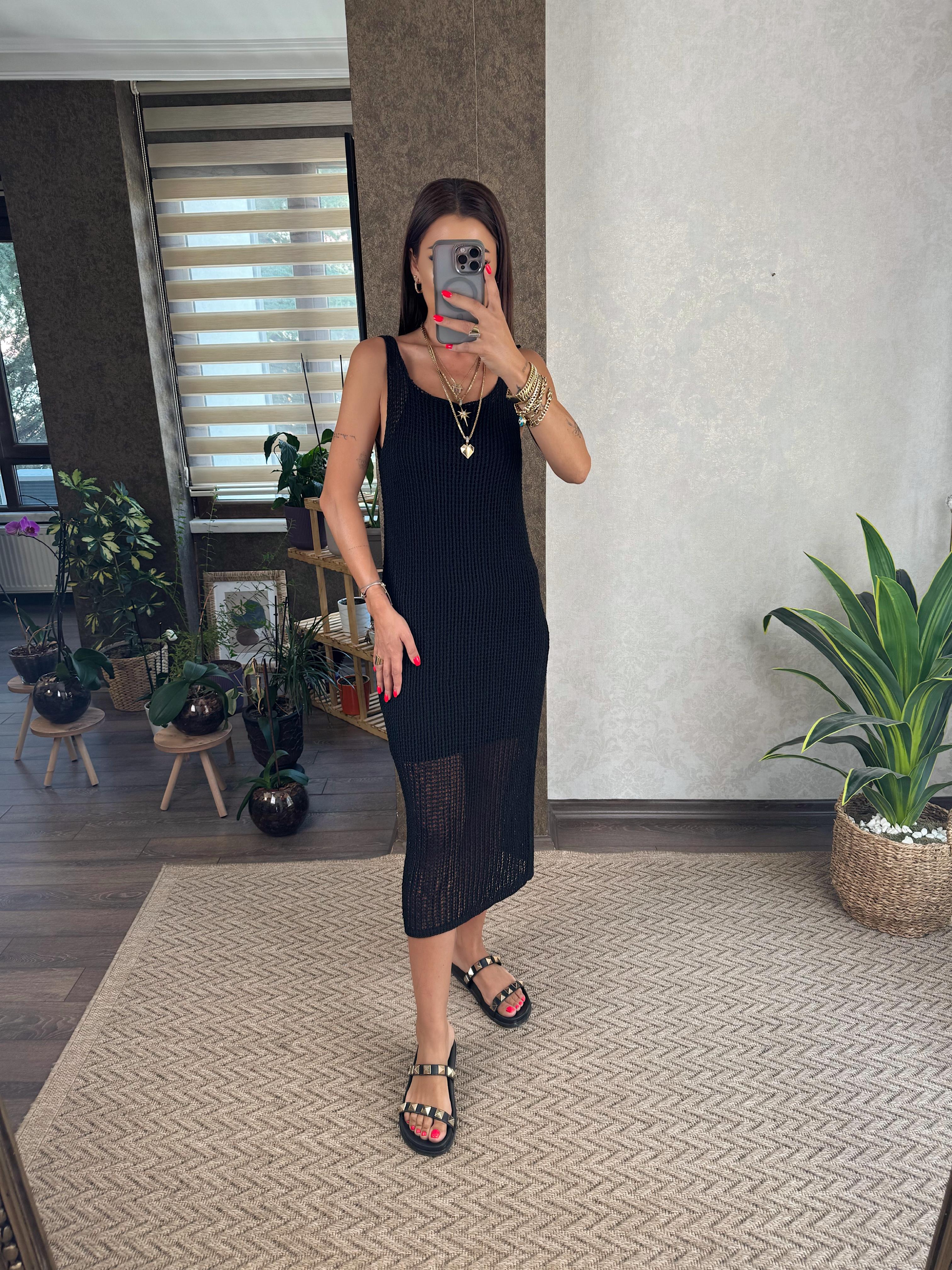 Angela Kadın Askılı Astarlı Siyah Elbise