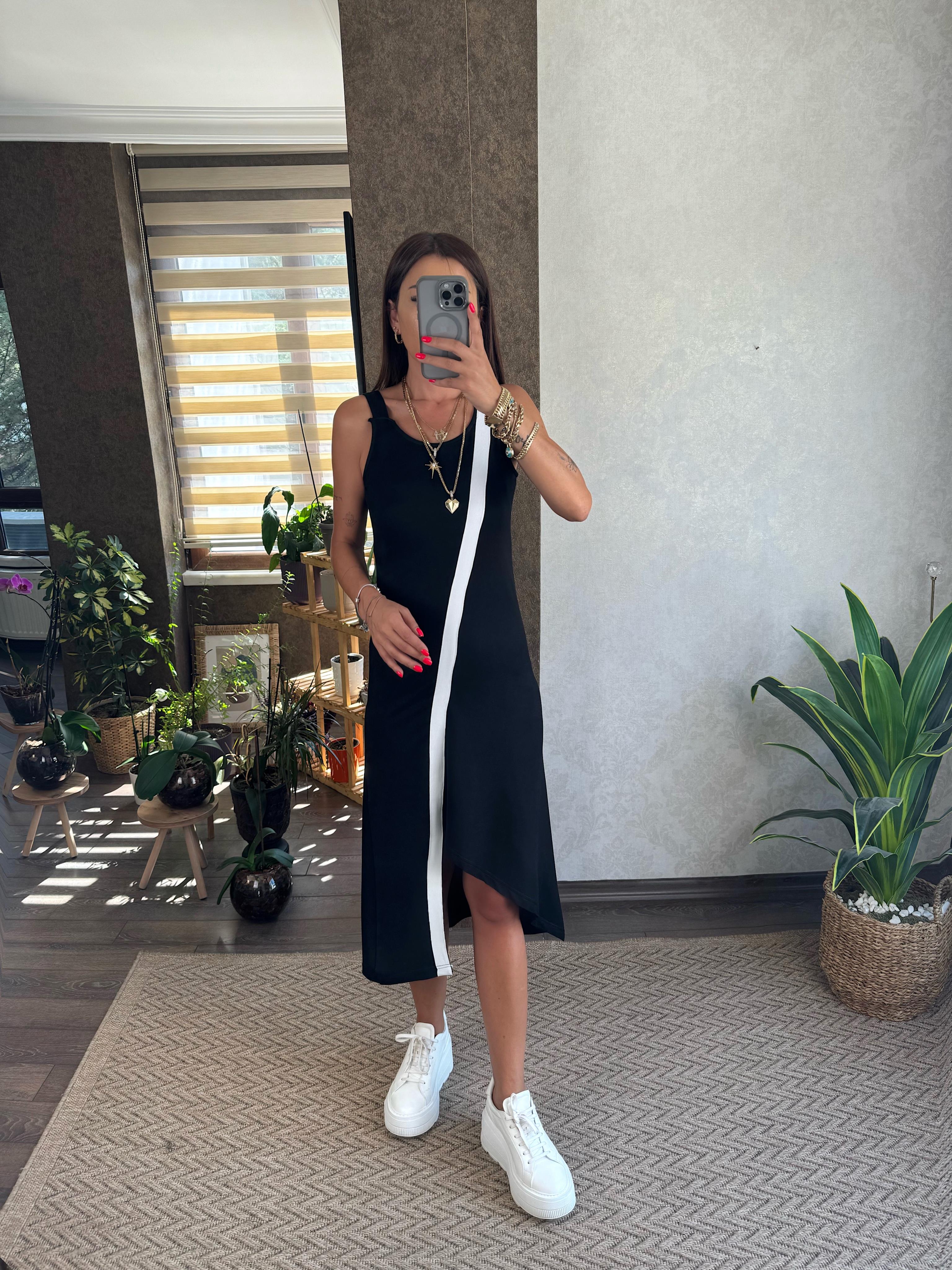 Artus Kadın Siyah Asimetrik Şerit Detaylı Elbise