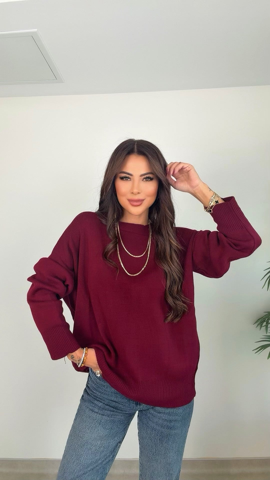 Azral Yuvarlak Yaka Kadın Bordo Triko Kazak