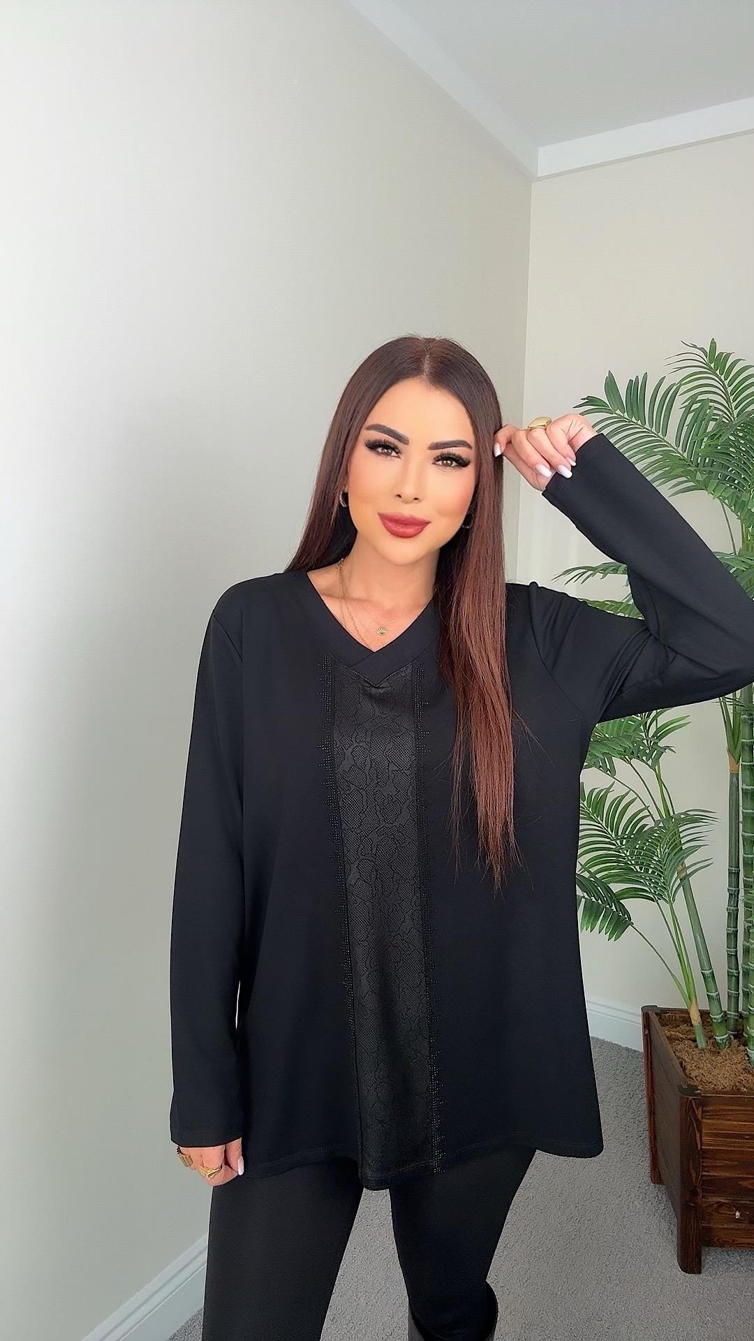 Berry Kadın Deri Taş Detaylı Siyah Tunik  Bluz
