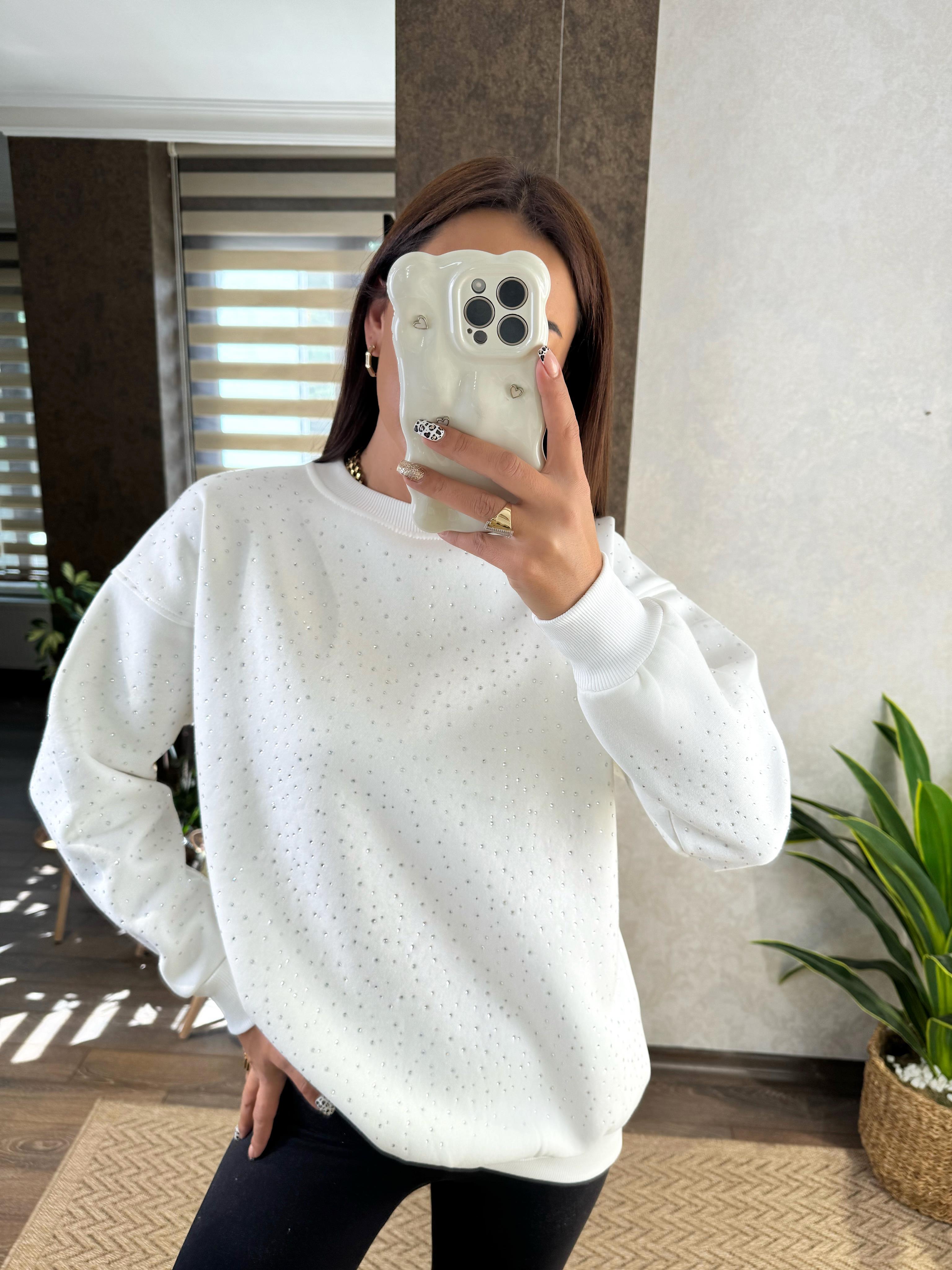 Beyaz Taş Detaylı Oversize Sweat