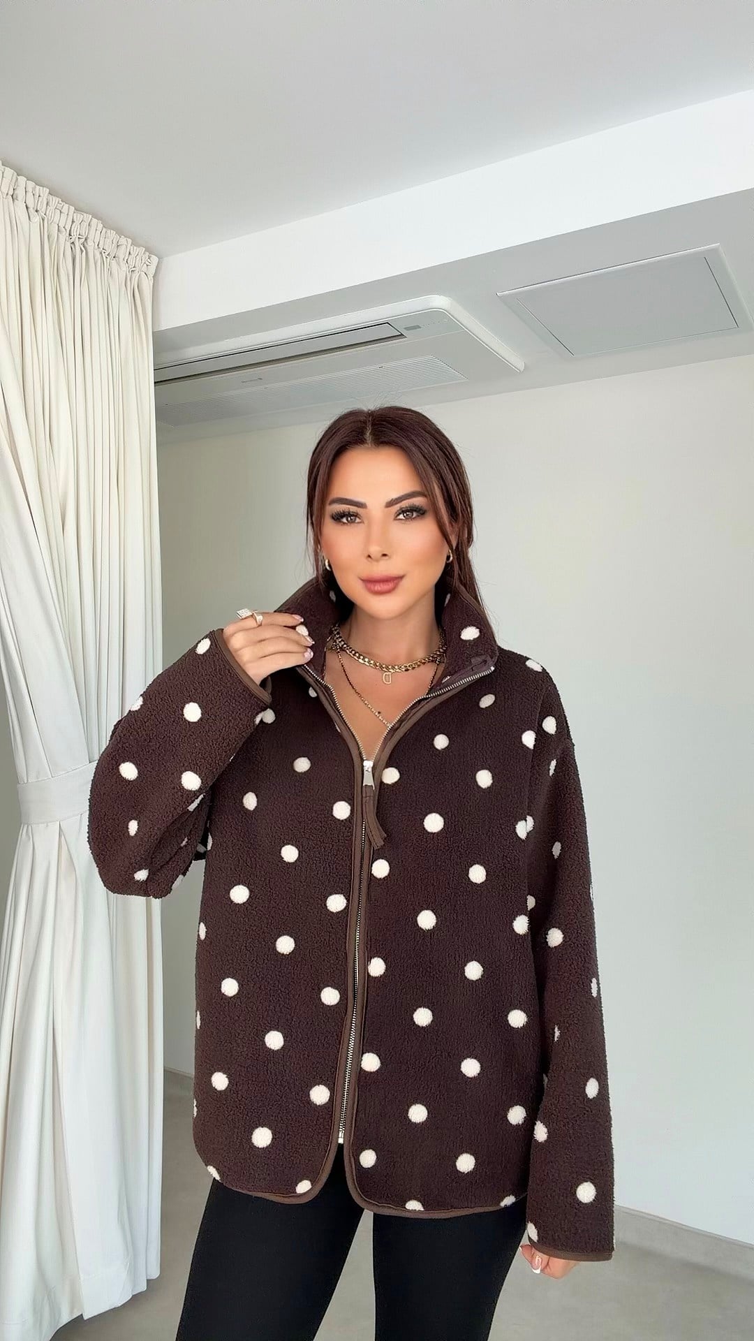 Bonula Kadın Puantiye Desenli Polar Ceket