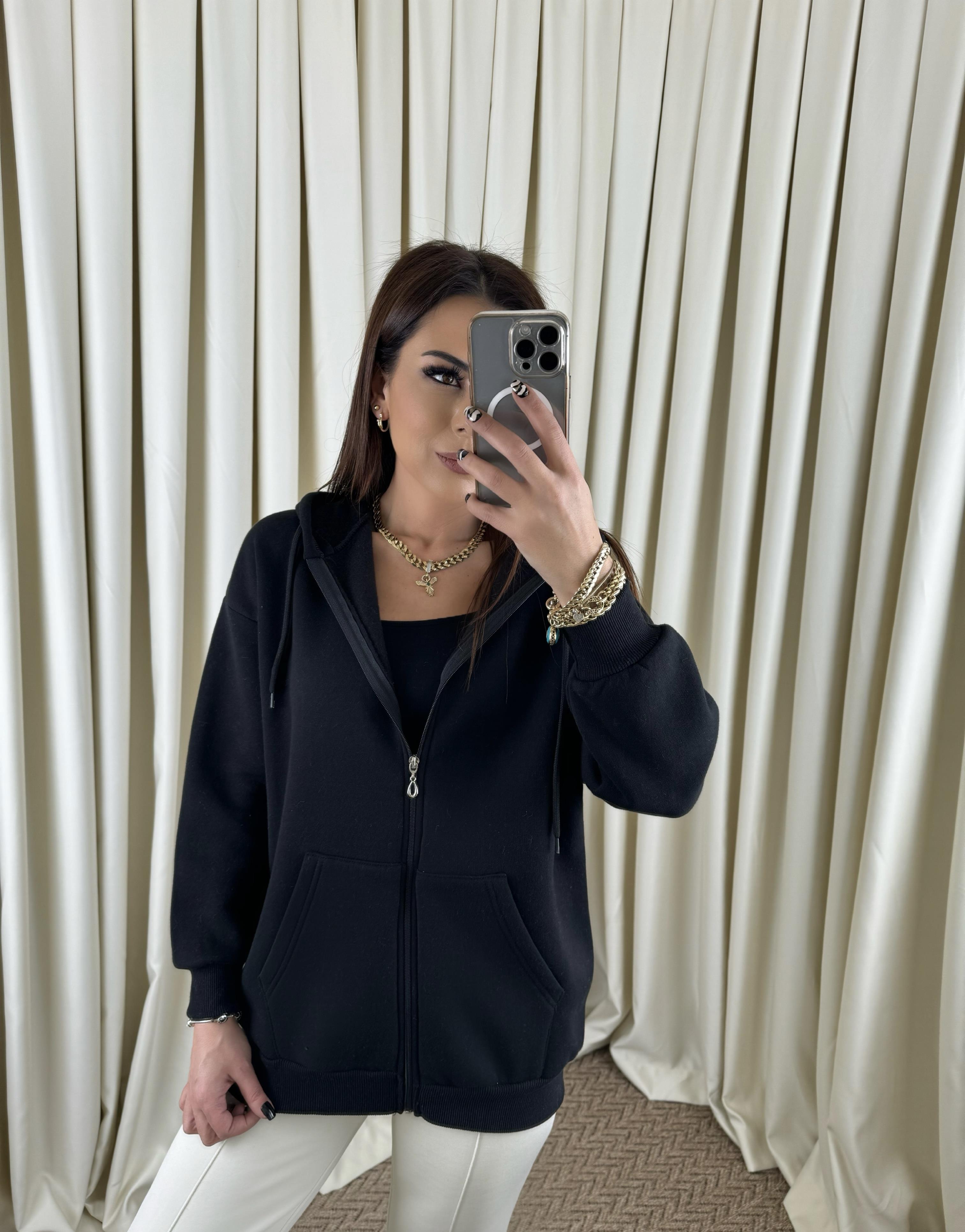 Deray Kadın Kapüşonlu Fermuarlı Siyah Sweat