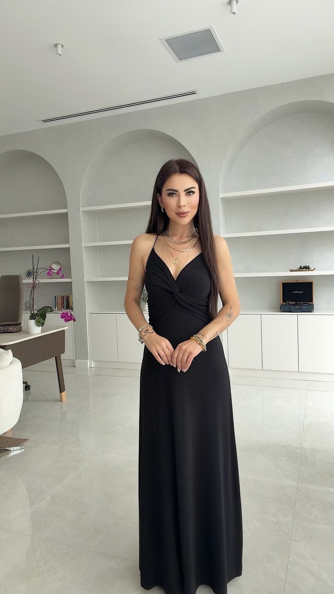 Dude Kadın Boyundan Bağlamalı Düğümlü Siyah Elbise