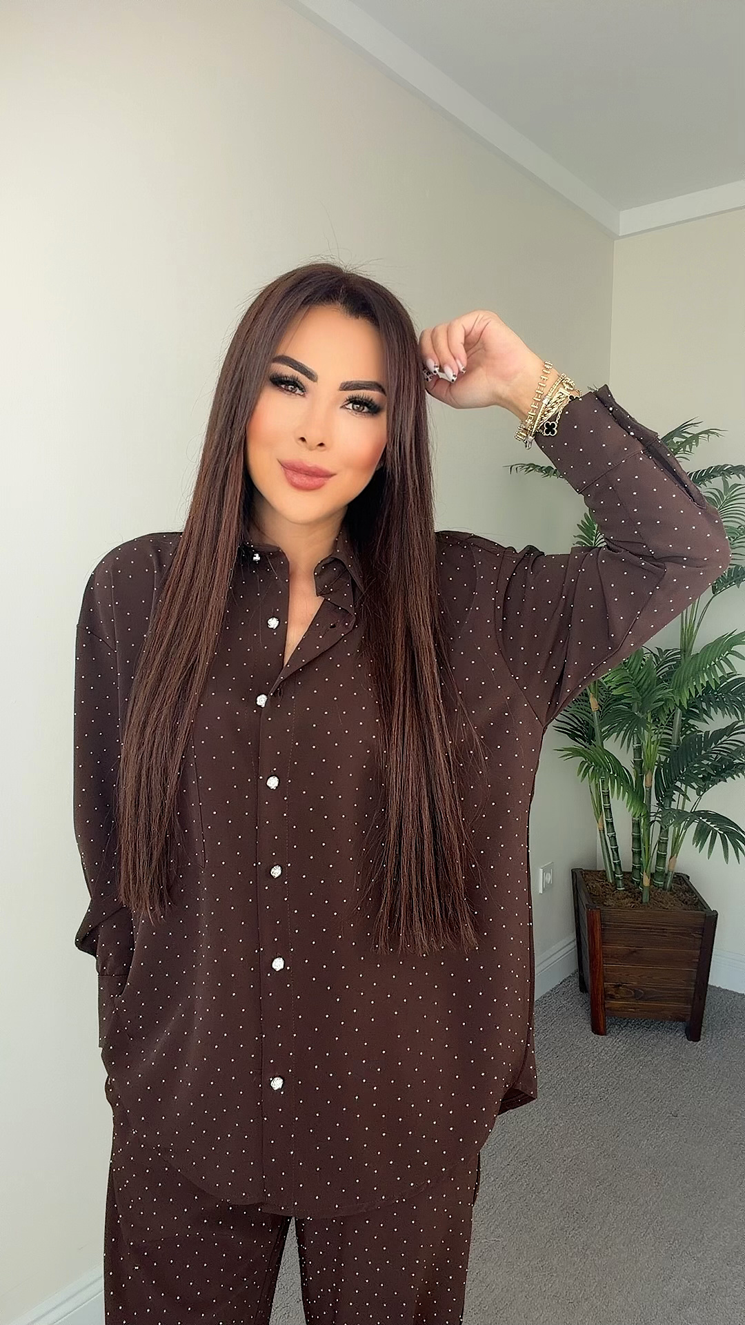 Elyra Kadın Taşlı Gömlekli Acı Kahve Takım