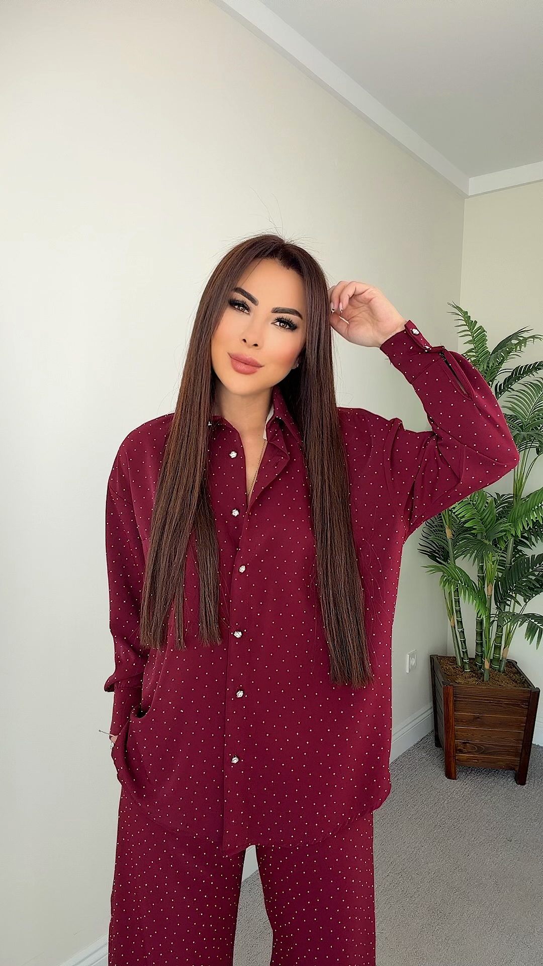 Elyra Kadın Taşlı Gömlekli Bordo Takım