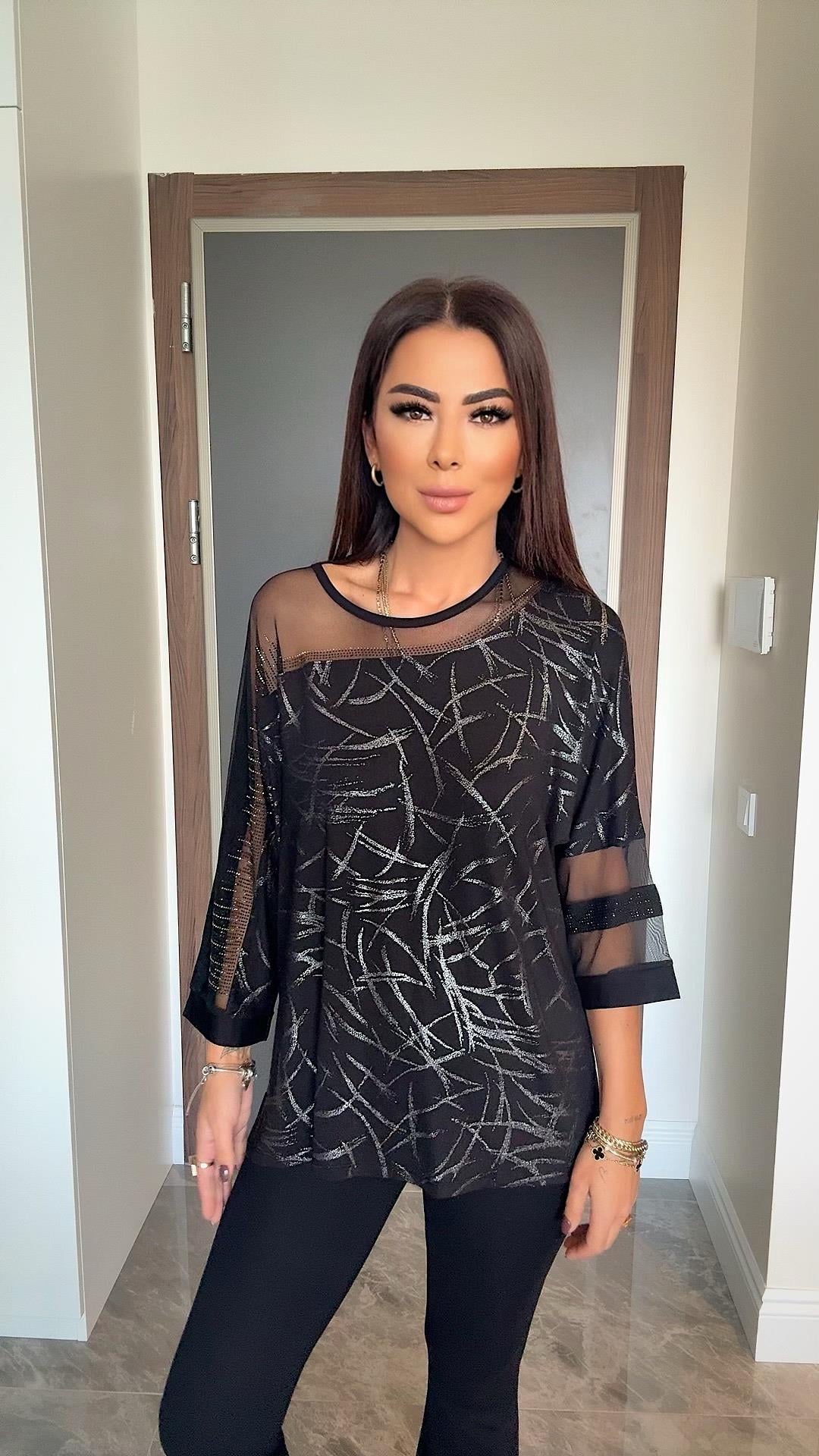 Geni Kadın Varak ve Tül Detaylı Siyah Bluz