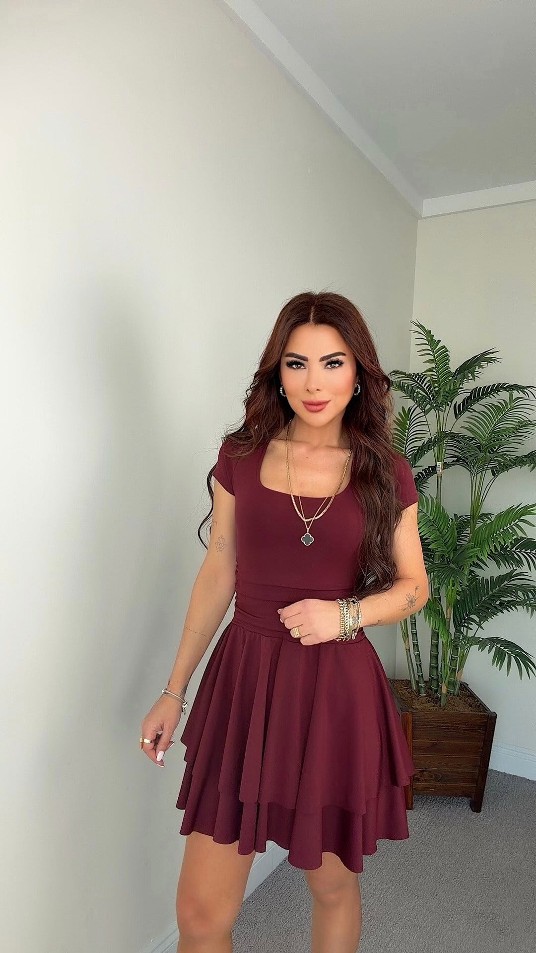 Huan Kadın Kare Yaka Drapeli Bordo Elbise