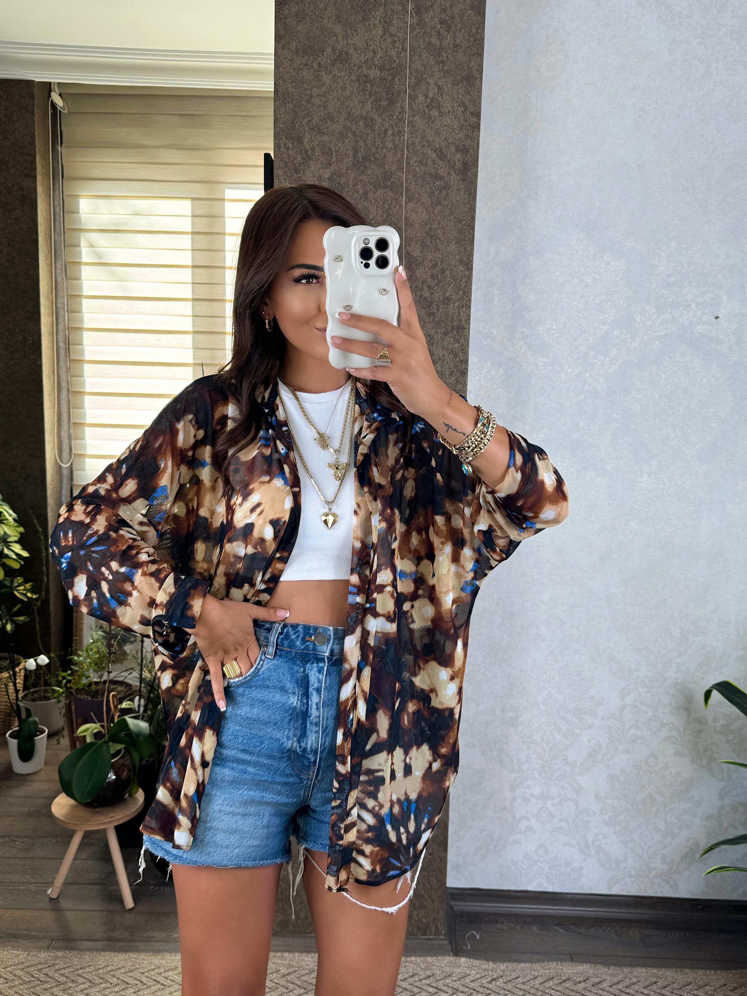 Kahve - Mavi Desenli Oversize Tül Gömlek 