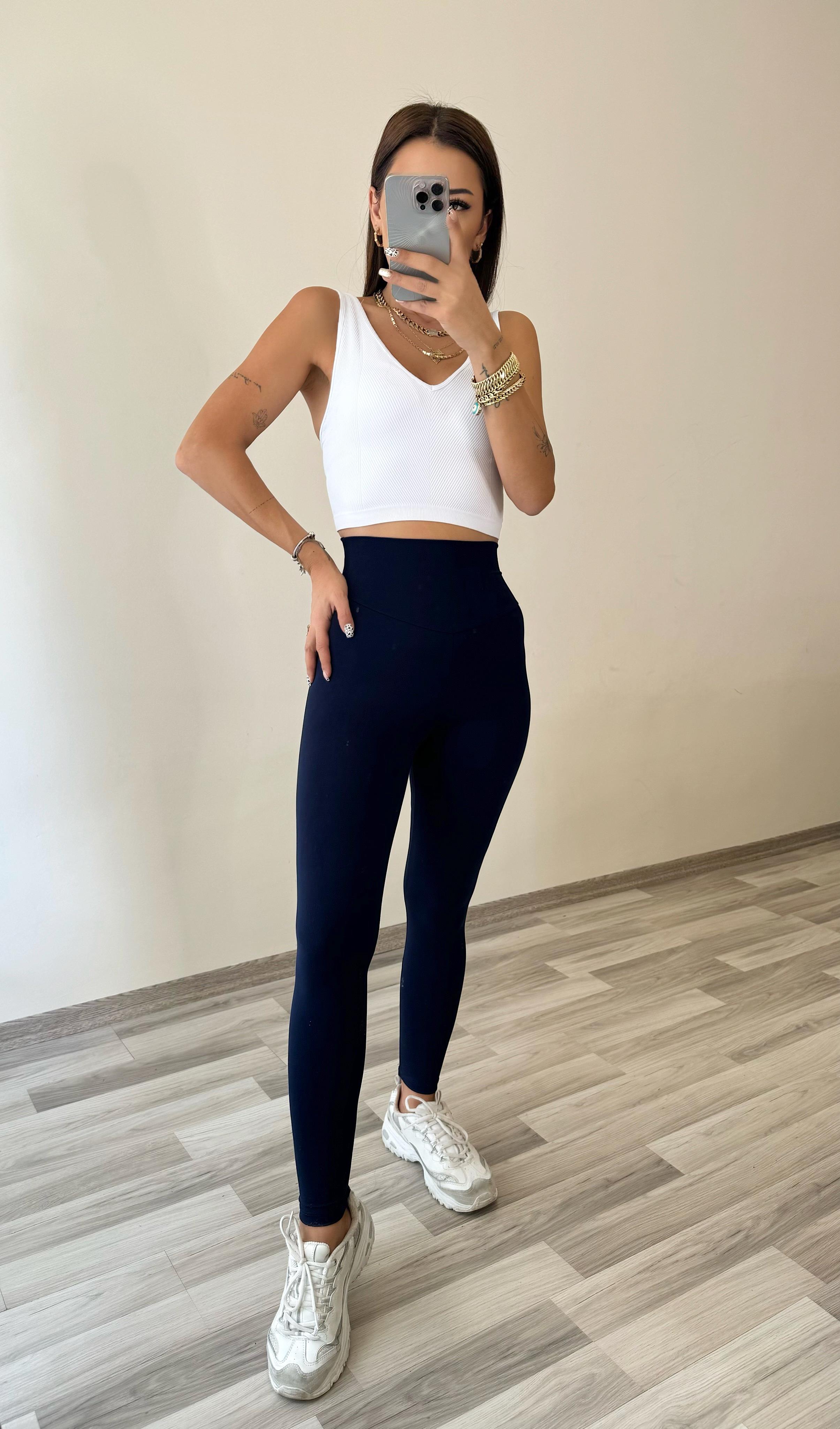 Kalın Kemerli Yüksek Bel Acı Lacivert Tayt