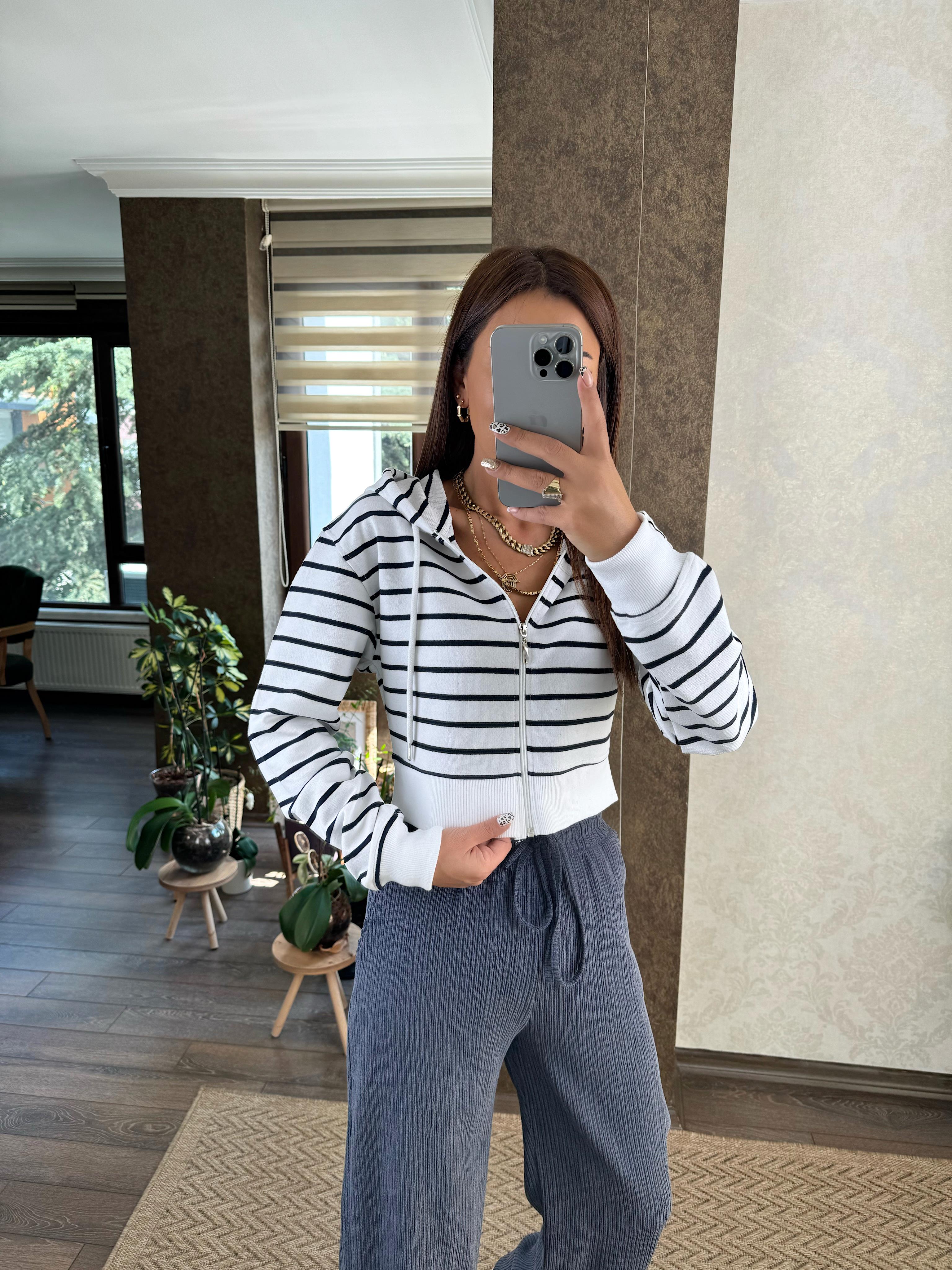 Kapüşonlu Fermuarlı Çizgili Sweat
