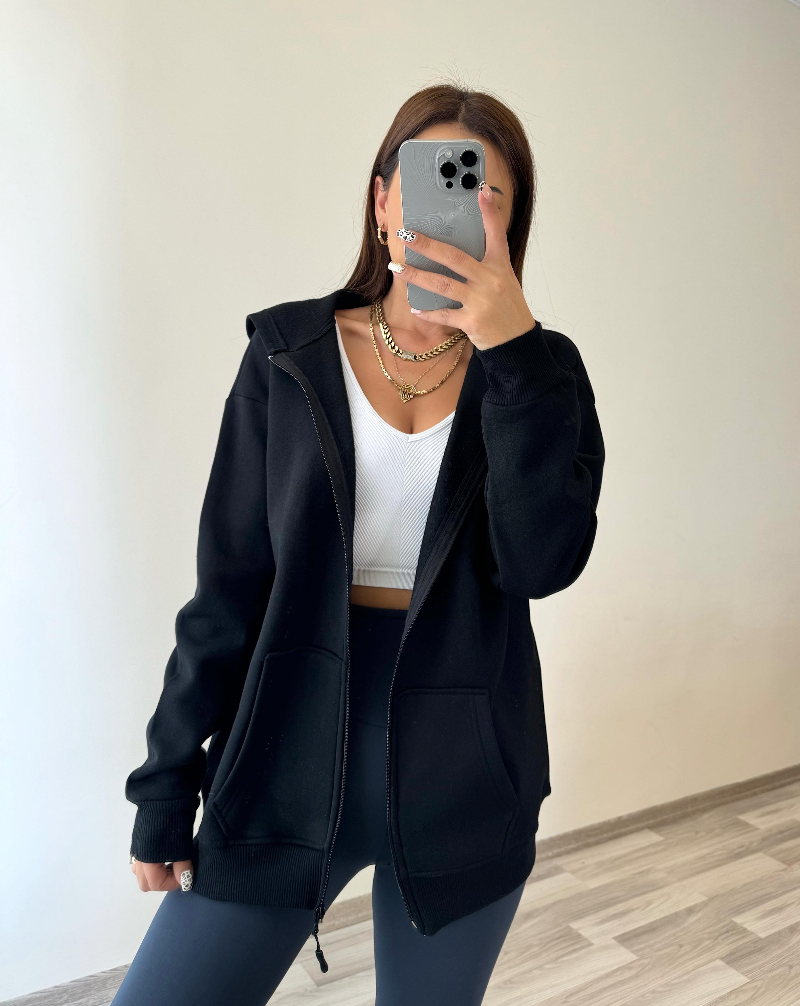 Kapüşonlu Fermuarlı Siyah Sweat