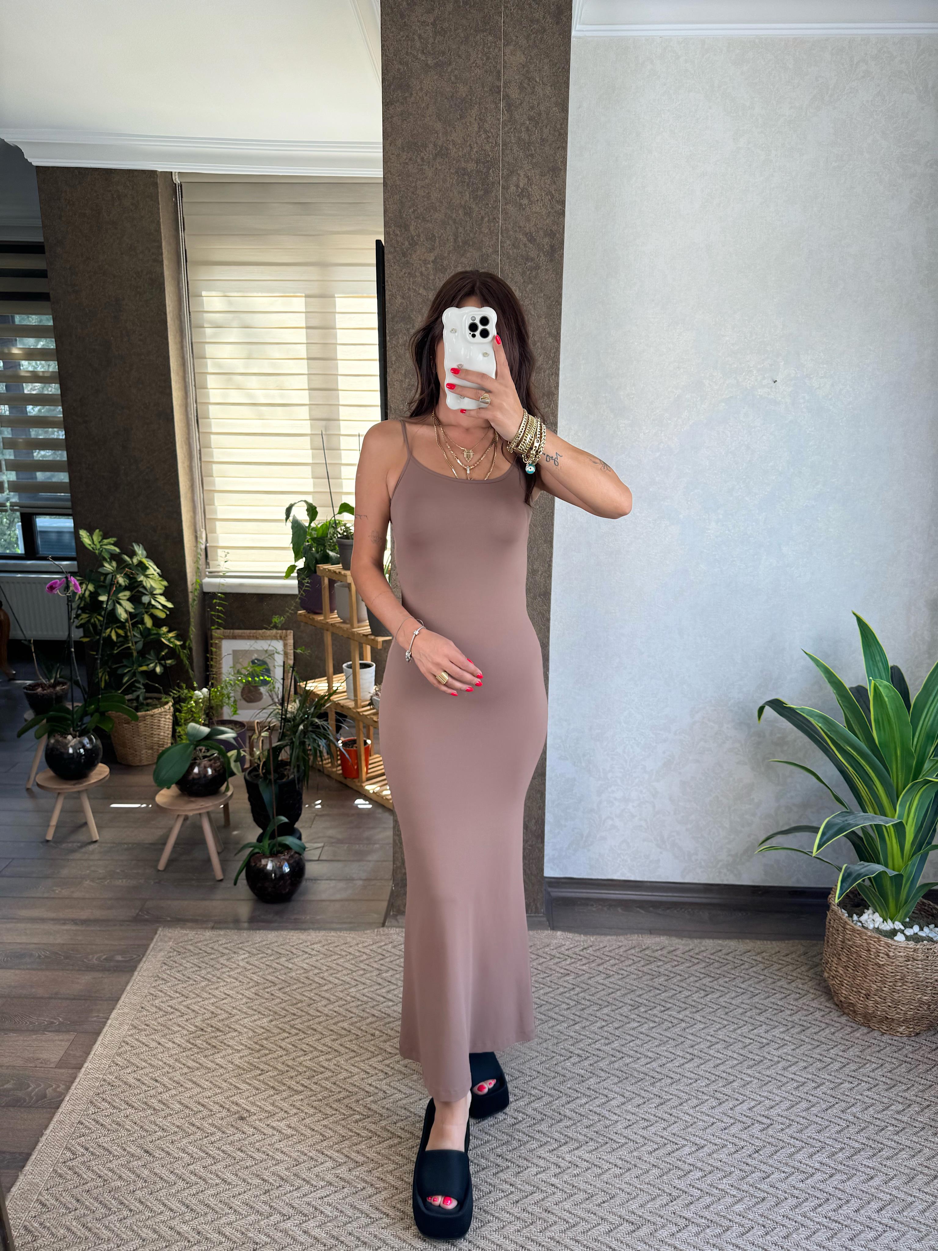 Kensan Kadın Sütlü Kahve Askılı Maxi Boy Elbise