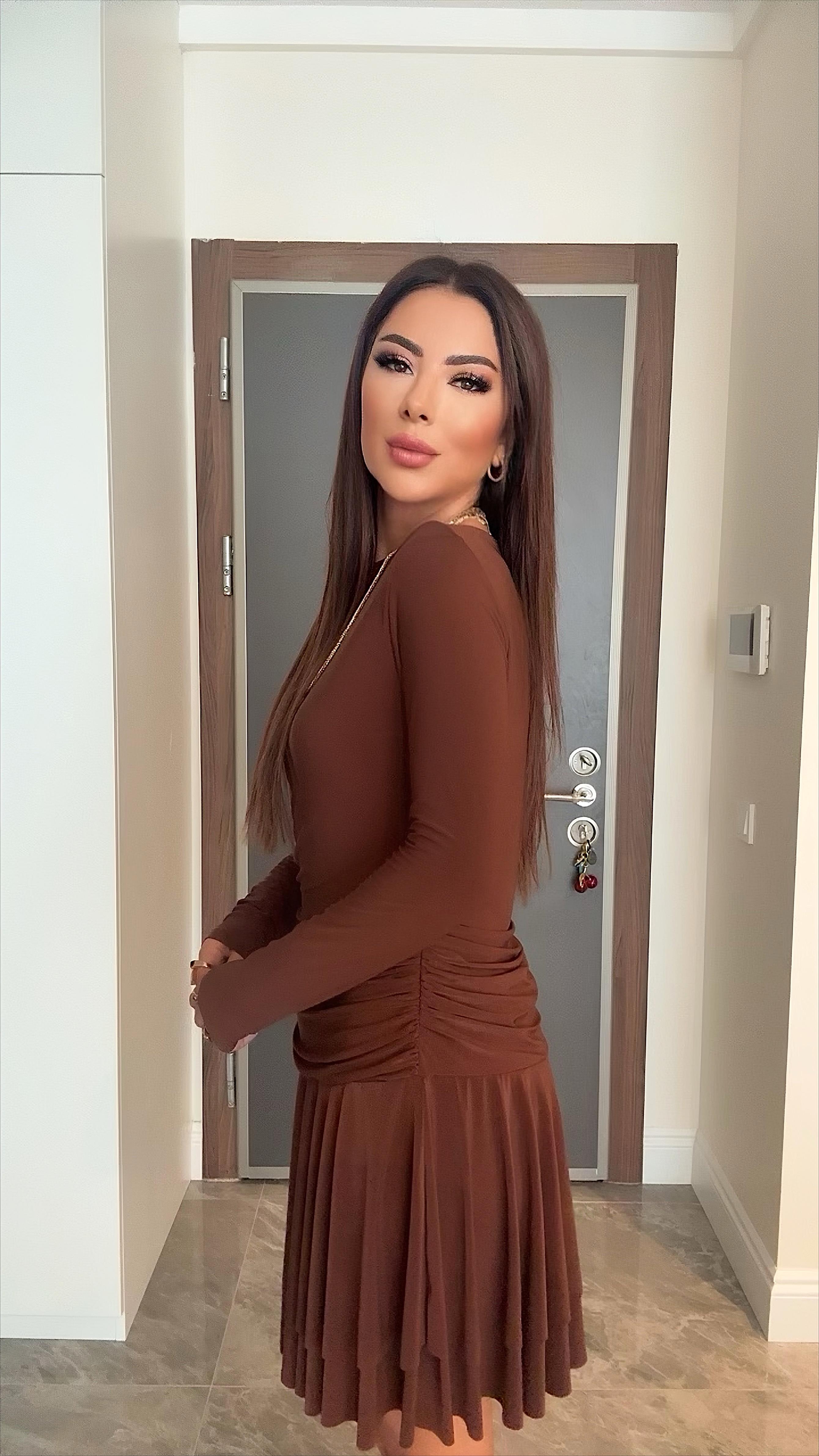 Kessa Kadın Kayık Yaka Drapeli Kahverengi Elbise