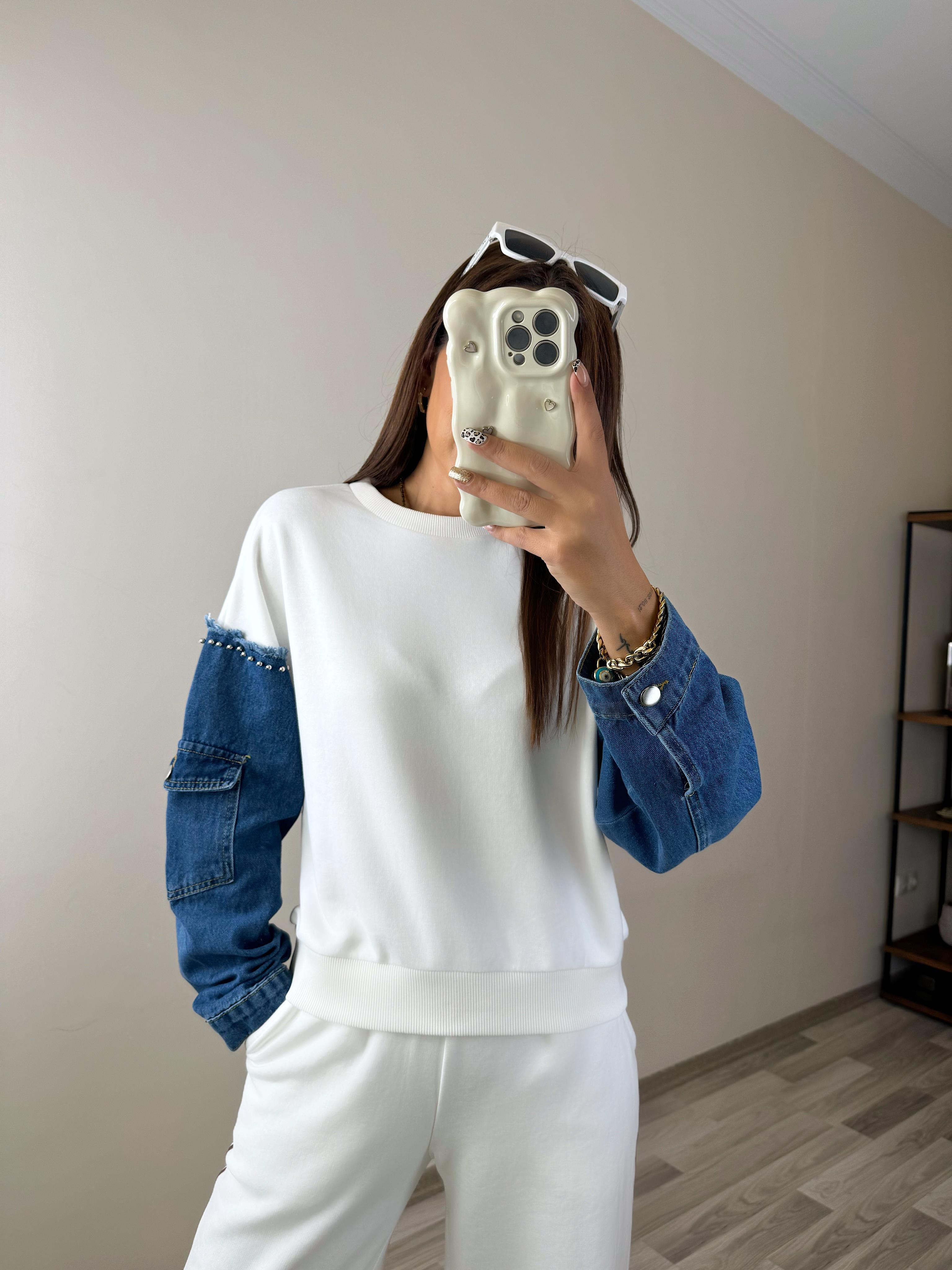 Kol Jean Detay Geçişli Beyaz Sweat