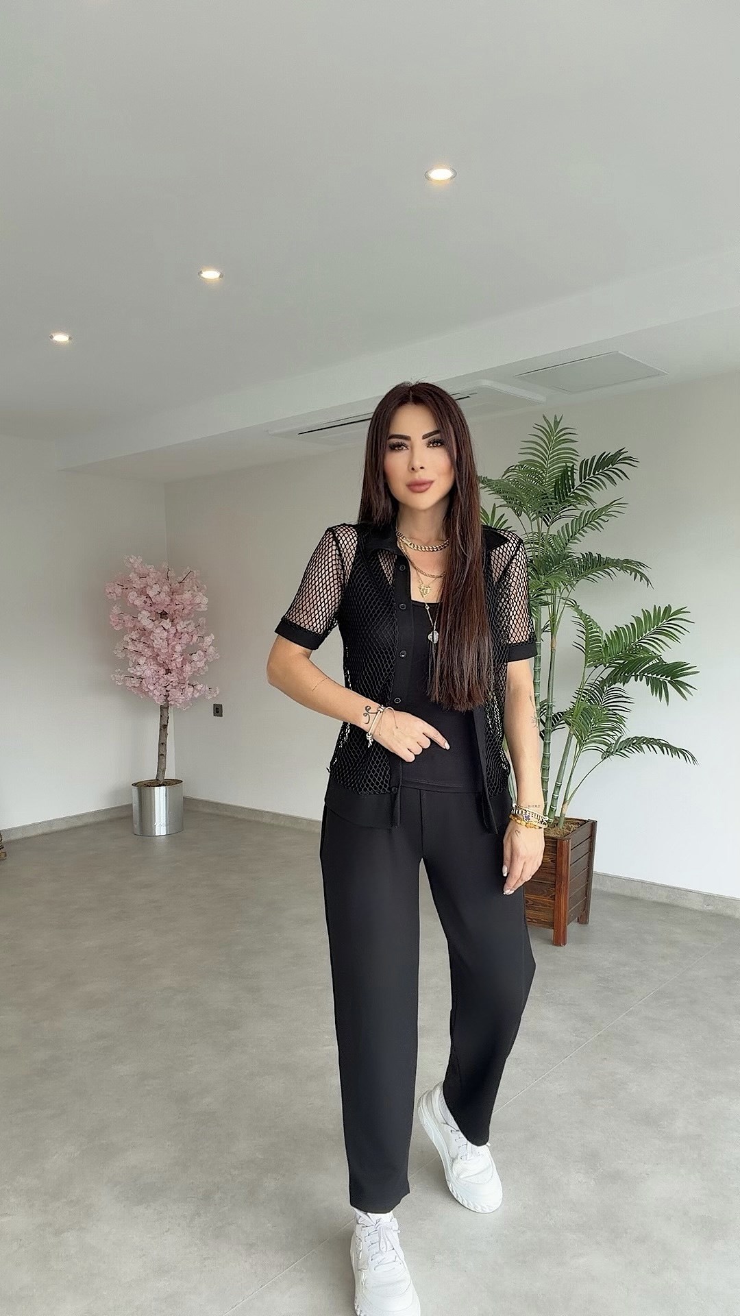 Kuse Kadın File Ceketli Üçlü Siyah Takım