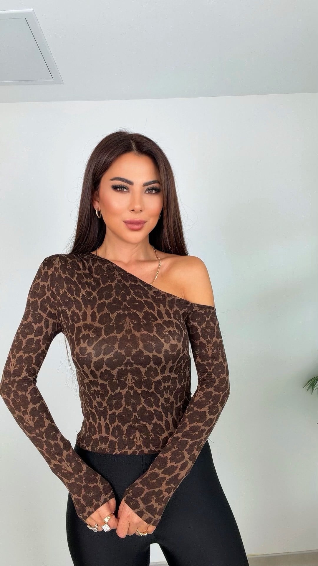 Lapse Leopar Desenli Düşük Omuz Kadın Bluz