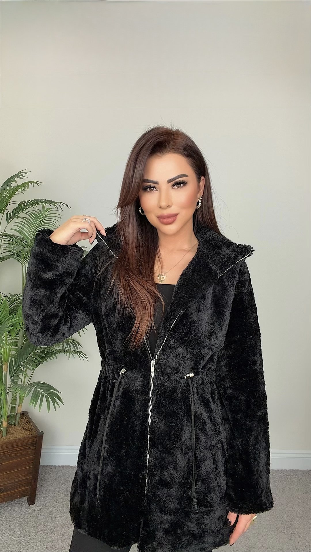 Laze Kadın Fermuarlı Siyah Peluş Mont