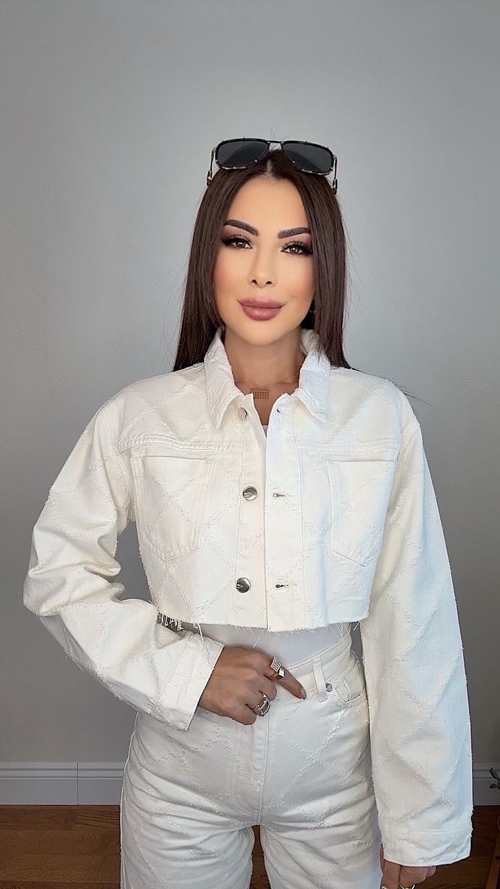 Leis Kadın Crop Dokulu Ekru Jean Ceket