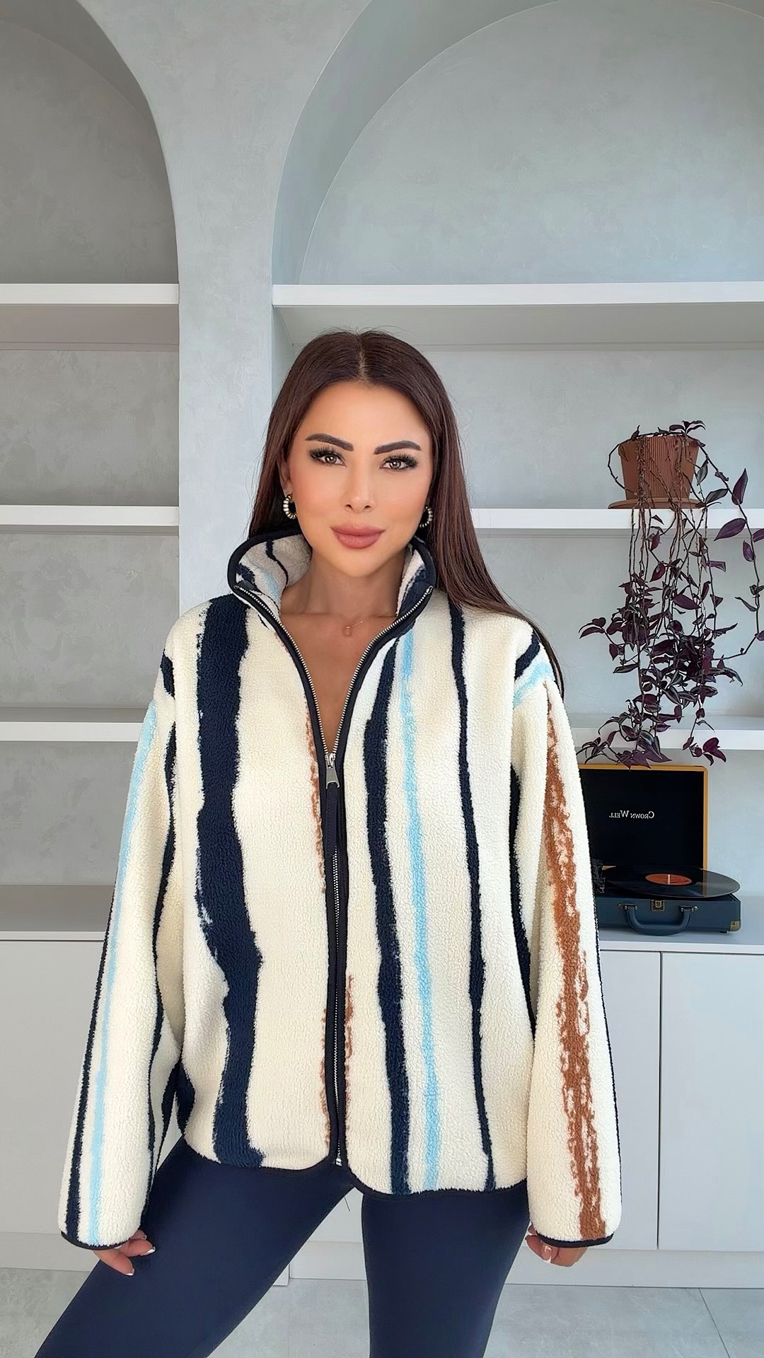 Lumina Kadın Çizgi Desenli Polar Ceket