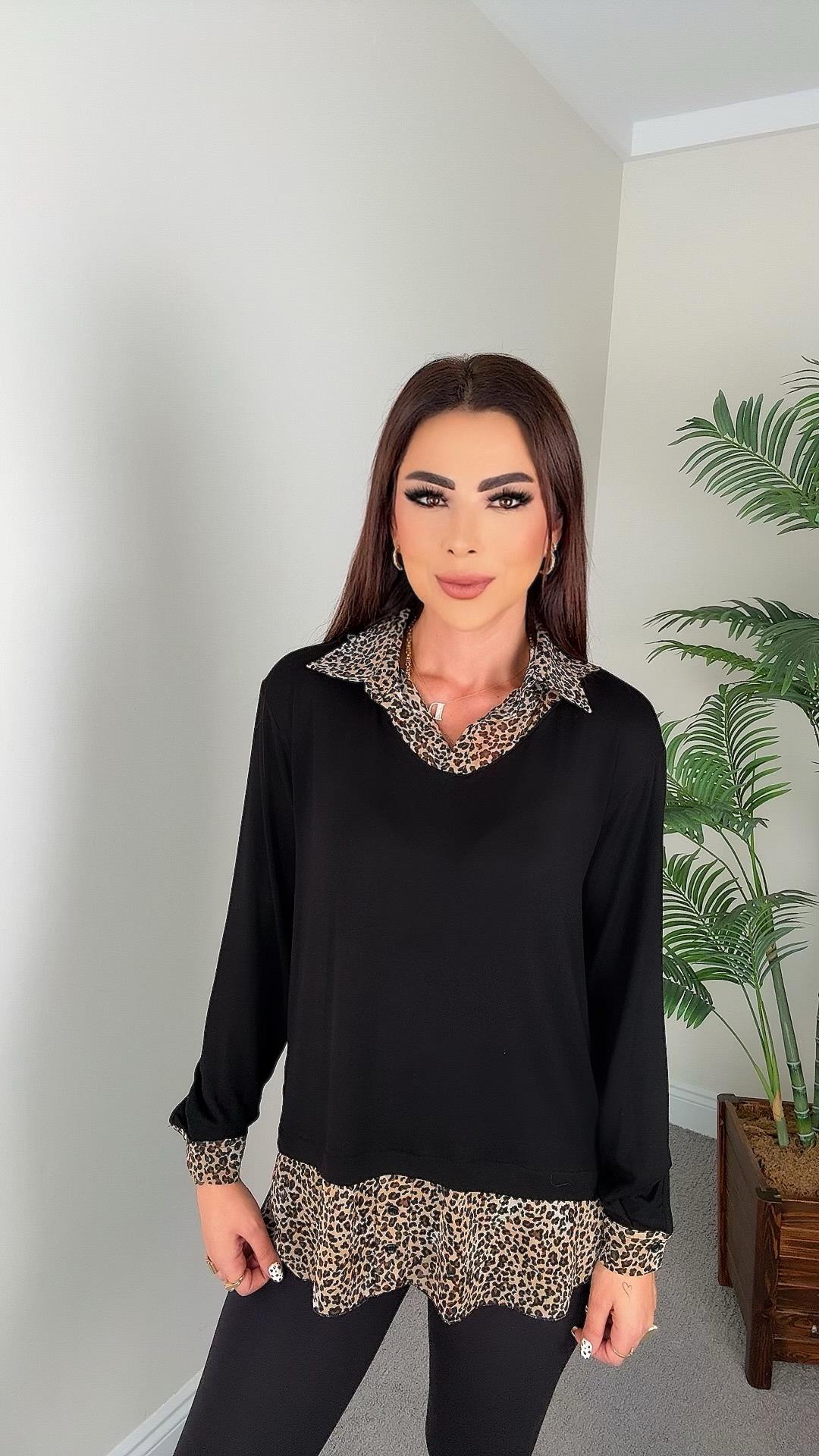 Maja Kadın Leopar Desenli Gömlek Yaka Şifon Detaylı Tunik