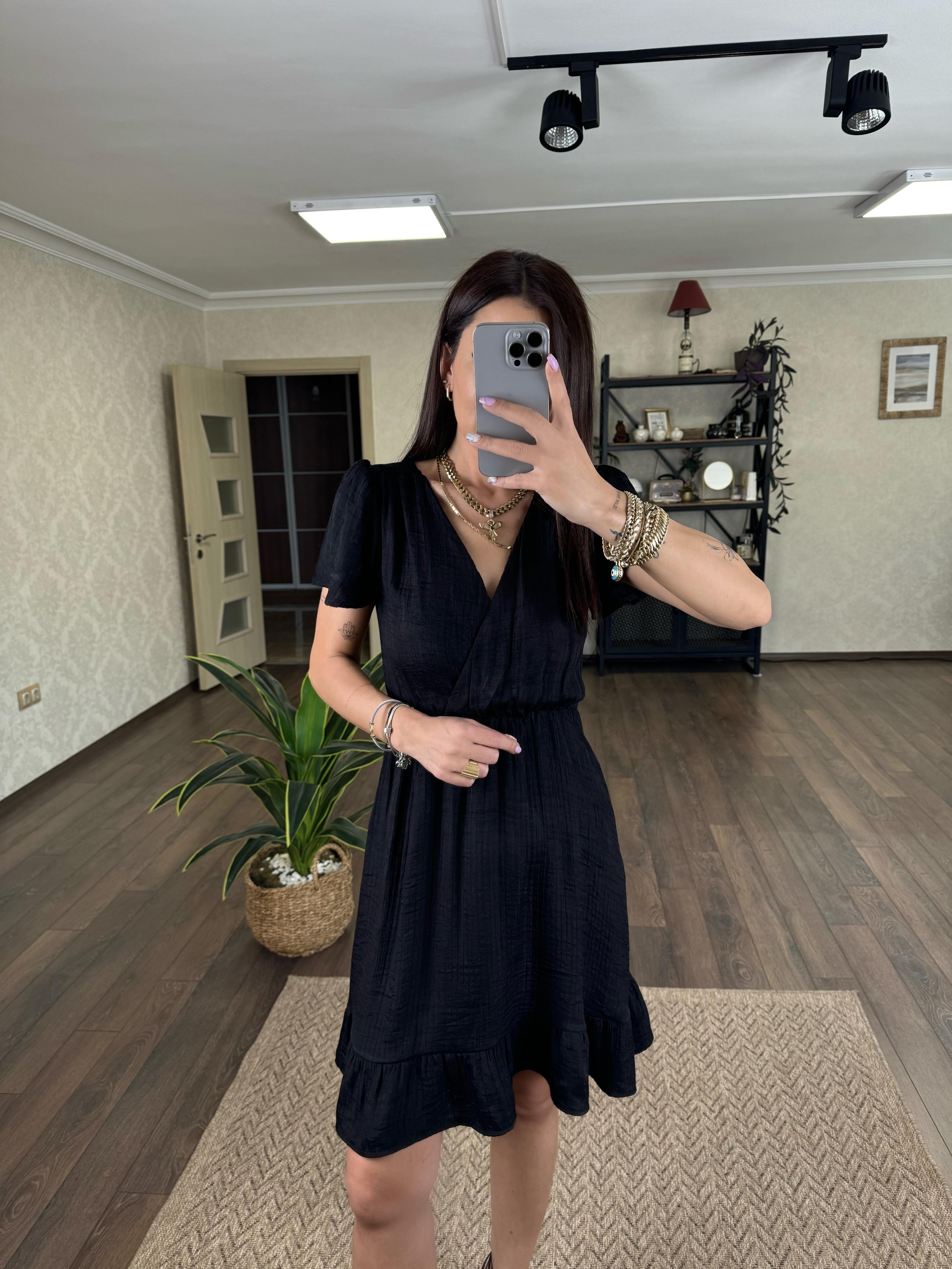 Malez Kadın Siyah Kruvaze Yaka Elbise