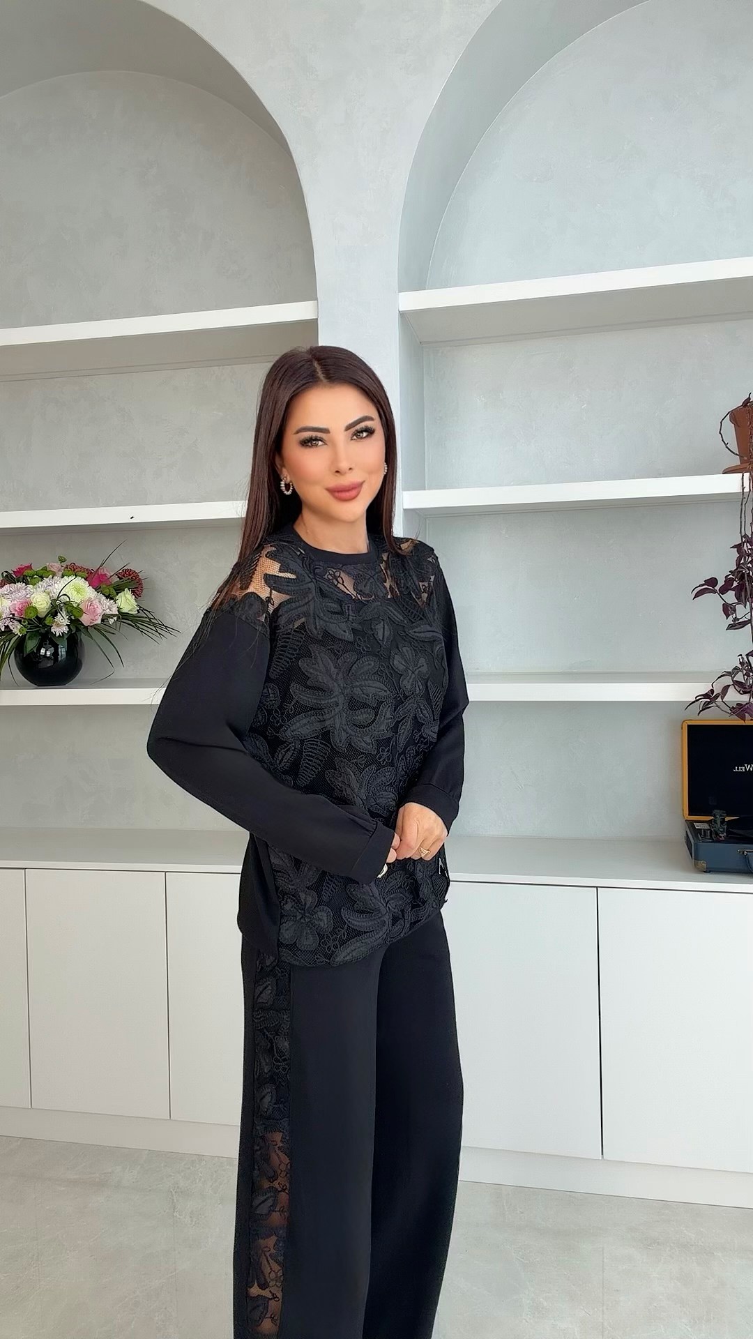Masere Kadın Güpür Detaylı Siyah İkili Takım