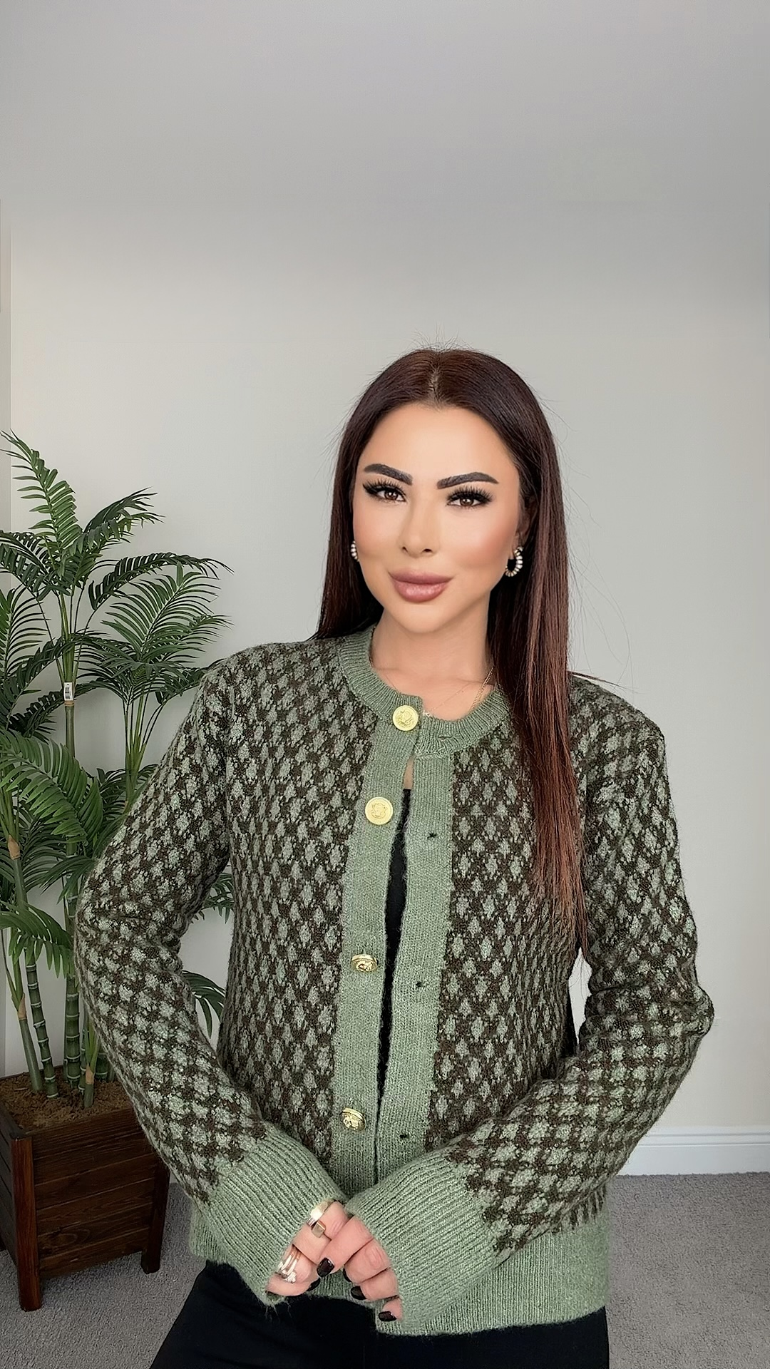 Meka Kadın Gold Düğmeli Yeşil Kahverengi Desenli Hırka
