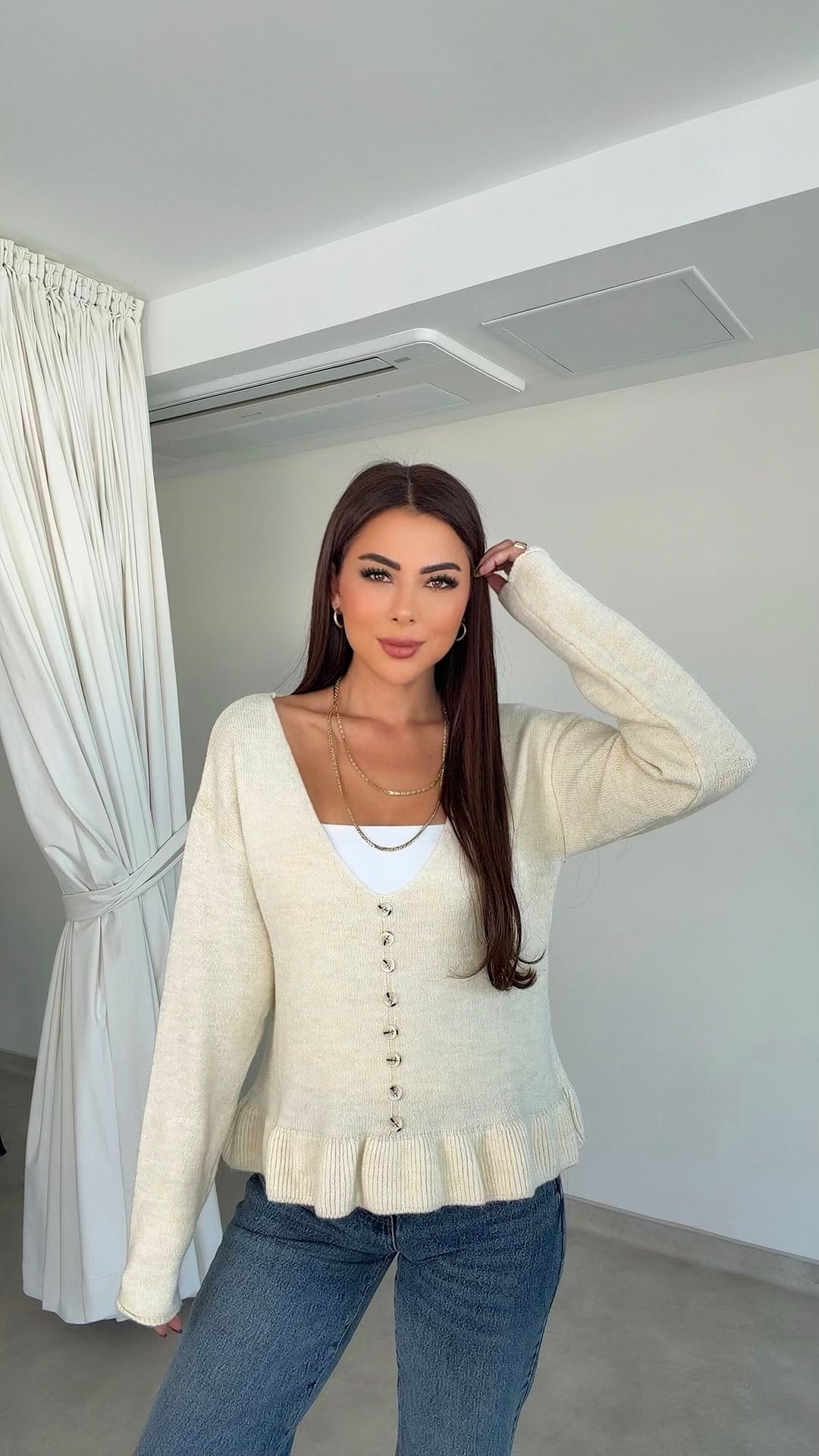 Meyro Fırfır Detaylı Kadın Ekru Triko Kazak