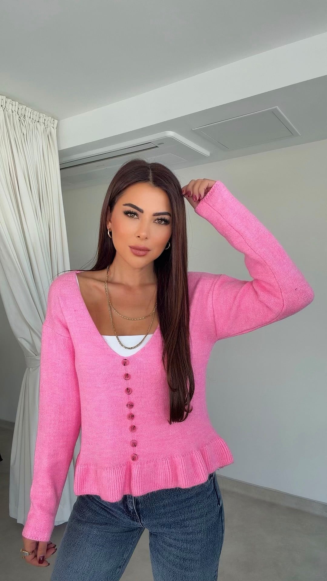 Meyro Fırfır Detaylı Kadın Pembe Triko Kazak